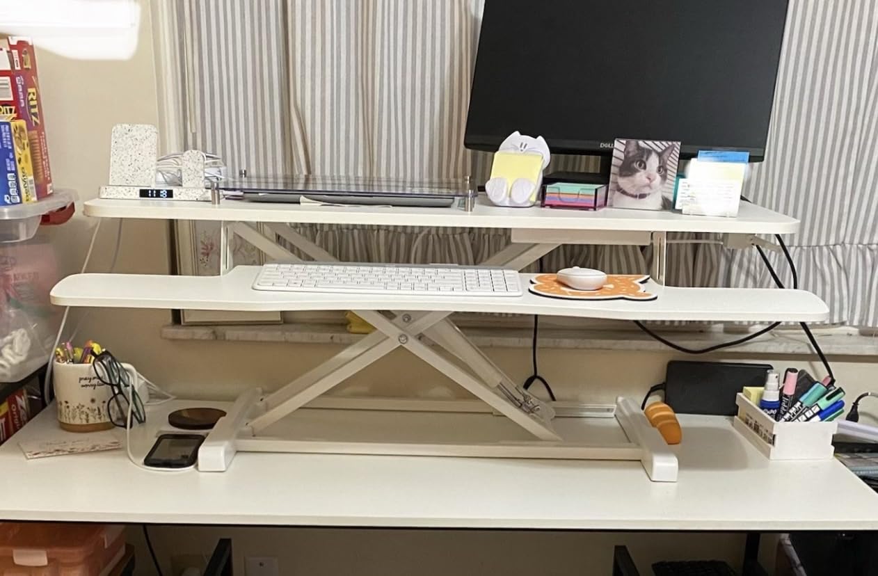VIVO Black 42 in Standing Desk Converter, DESK-V042KB | Large, Height Adjustable, Stand Up Desk Riser, Wide Keyboard Tray, Dual Monitor and Laptop Workstation, Black Frame, K Series customer photo 2