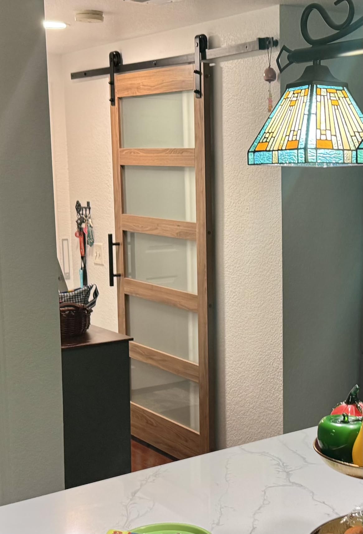 FREDBECK 36 x 84 inch Glass Barn Door with 6.6FT Track Kit, Interior Doors, Fit for 32in-34in Opening, Handle Included, 5-Panel Frosted Glass, Water-Proof Surface, Pre-Drilled Holes, Need Assembly customer photo 1
