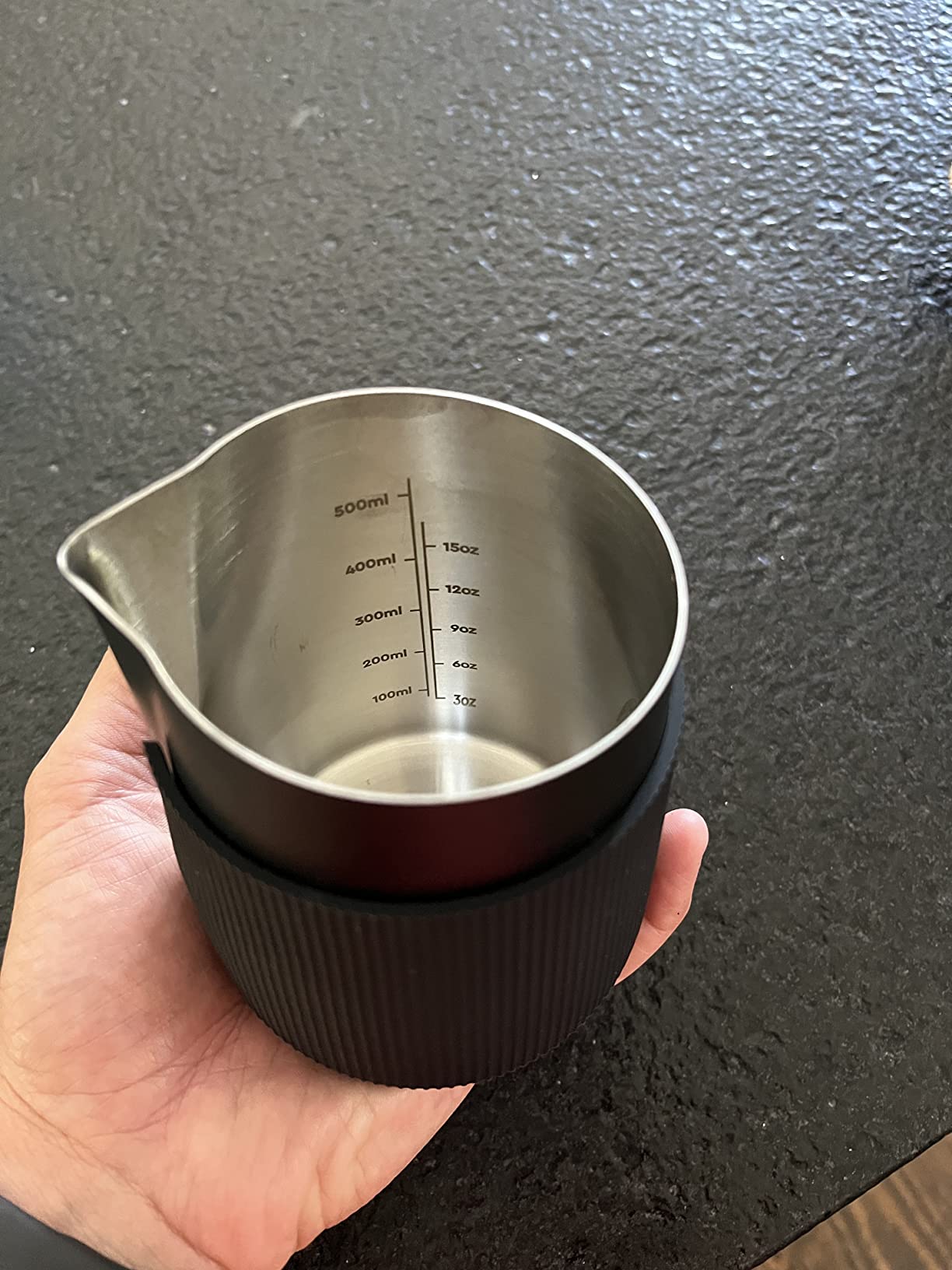 Normcore Handleless Milk Pitcher - Espresso Steaming Pitcher with Round Spout - 18/8 Stainless Steel Milk Frothing Jug, Black Non-Stick - Premium Barista Tools - Black - 15.2 oz (450 ml) customer photo 1