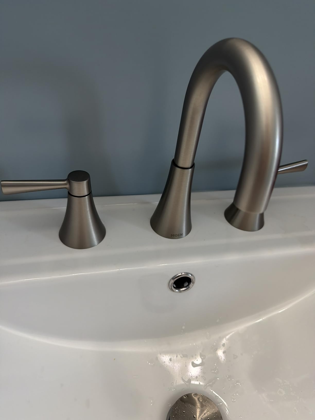 Moen 84023SRN Ronan 2-Handle Widespread Bathroom Faucet, BN | Bathroom sink faucet, widespread 2-handle design, valve included, spot resist finish, modern style customer photo 2