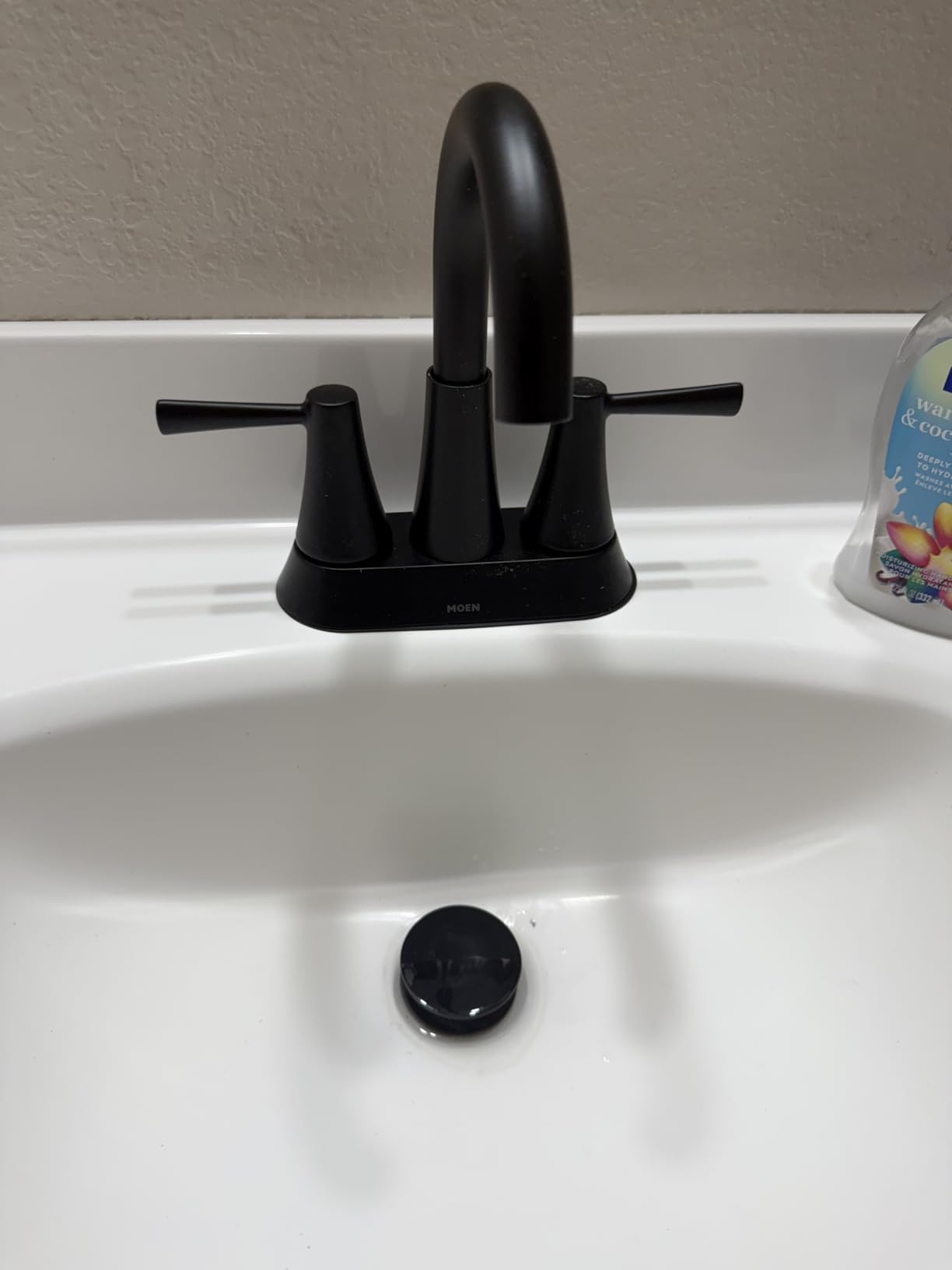 Moen 84022BL Ronan 2-Handle Centerset Bath Faucet w/Drain, Matte Black | Bathroom sink faucet, push-down drain included, 4