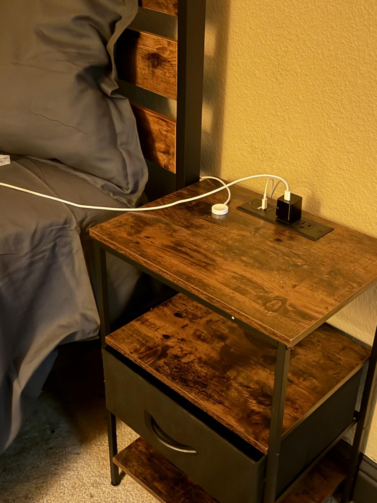 SUPERJARE Nightstand with Charging Station, USB-C Port, Bedside Table | Night Stand for Bedroom, with Adjustable Fabric Drawer, 3-Tier Storage End Table, for Living Room, Rustic Brown & Black customer photo 1