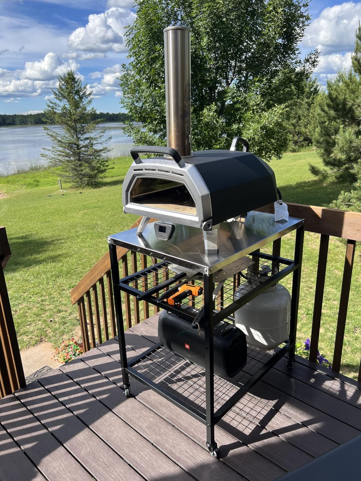Stainless Steel Outdoor Grill Cart Pizza Oven Stand Trolley Table with Wheels Three-Shelf Movable Food Prep and Work Table Heavy Duty Grill Carts Outdoor Cart 31.5