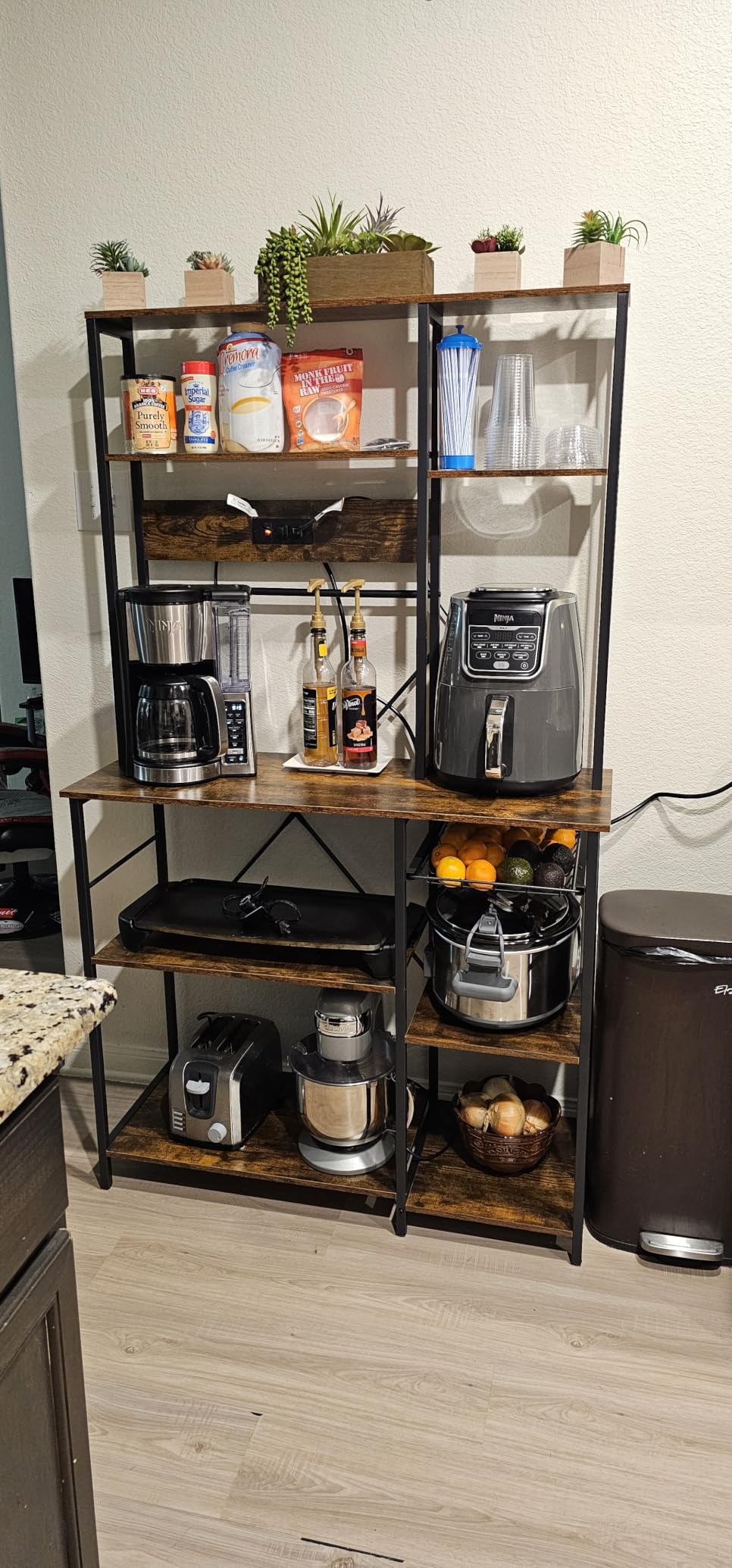 SUPERJARE Large Bakers Rack with Power Outlets, 39.6 Inches Microwave Stand | Coffee Bar with 6-Tier Storage, 12 S-Shaped Hooks, Kitchen Shelf with Wire Basket, Rustic Brown customer photo 2