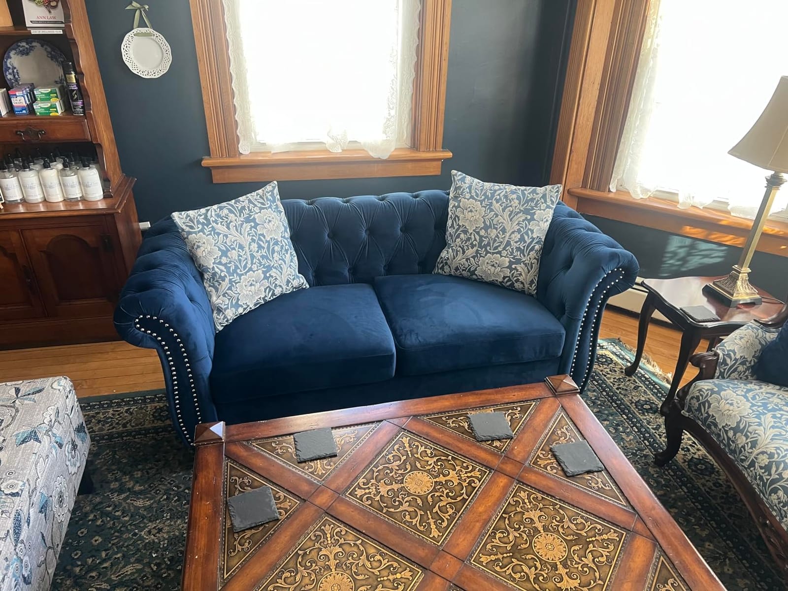 LEVNARY Velvet Chesterfield Sofa, Classic Tufted Upholstered Couch, Modern 3 Seater Couch Long Settee Furniture with Tufted Back for Living Room Office (Beige) customer photo 2