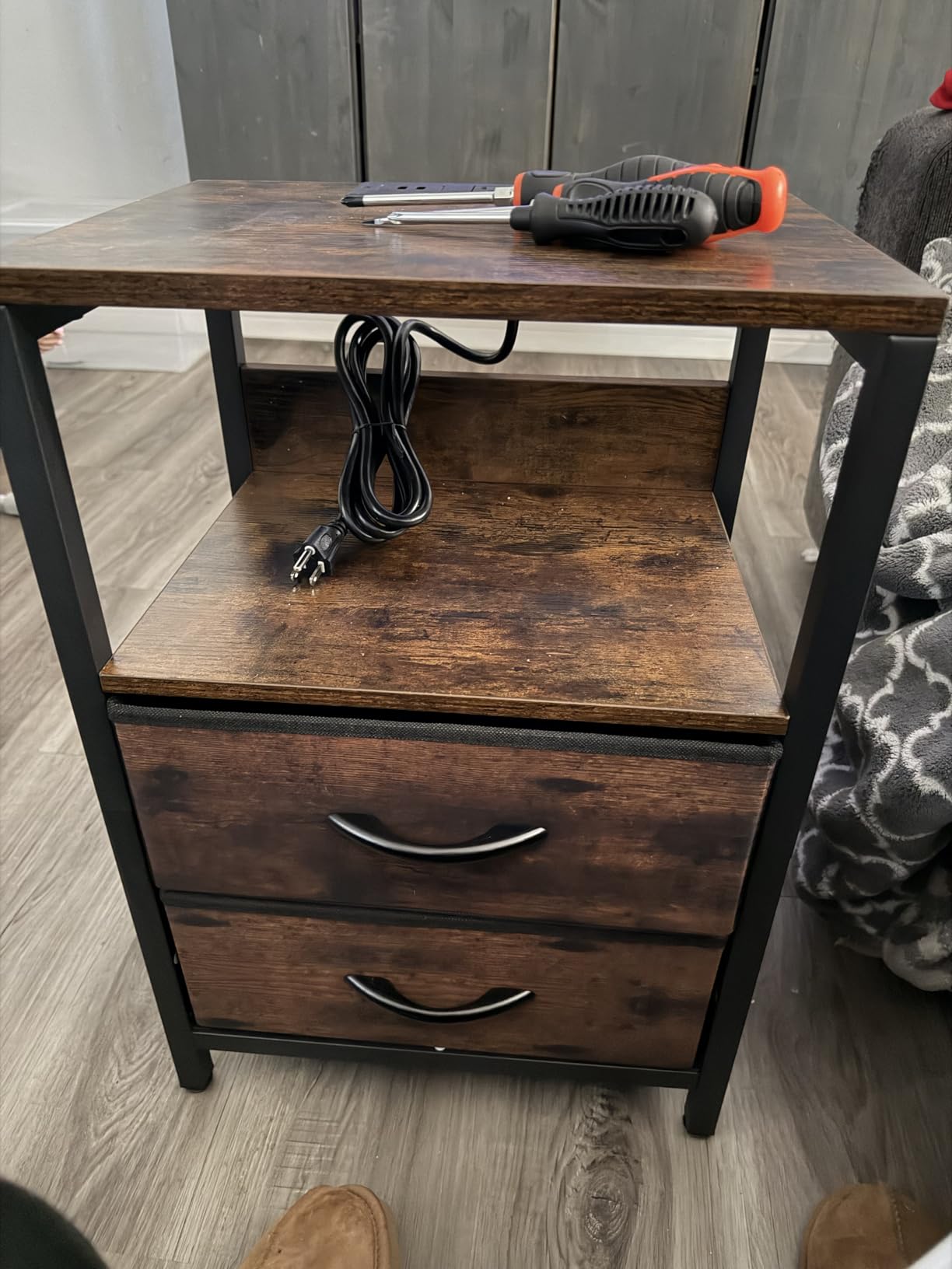 Yoobure Nightstand with Charging Station, Small Night Stand with Fabric Drawers and Storage Shelf for Bedrooms, Small Spaces, Bedside Table with USB Ports & Outlets customer photo 2