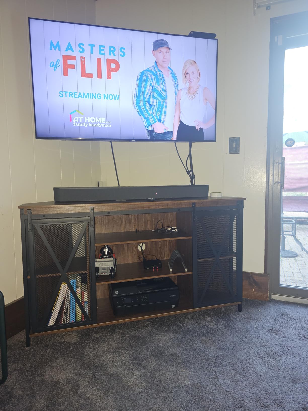 HOMISSUE Corner TV Stand for 55 Inch TV, Rustic Corner Entertainment Center with Storage, Industrial Media Console Table with Sliding Barn Door, Entertainment Center for Living Room, Brown customer photo 2