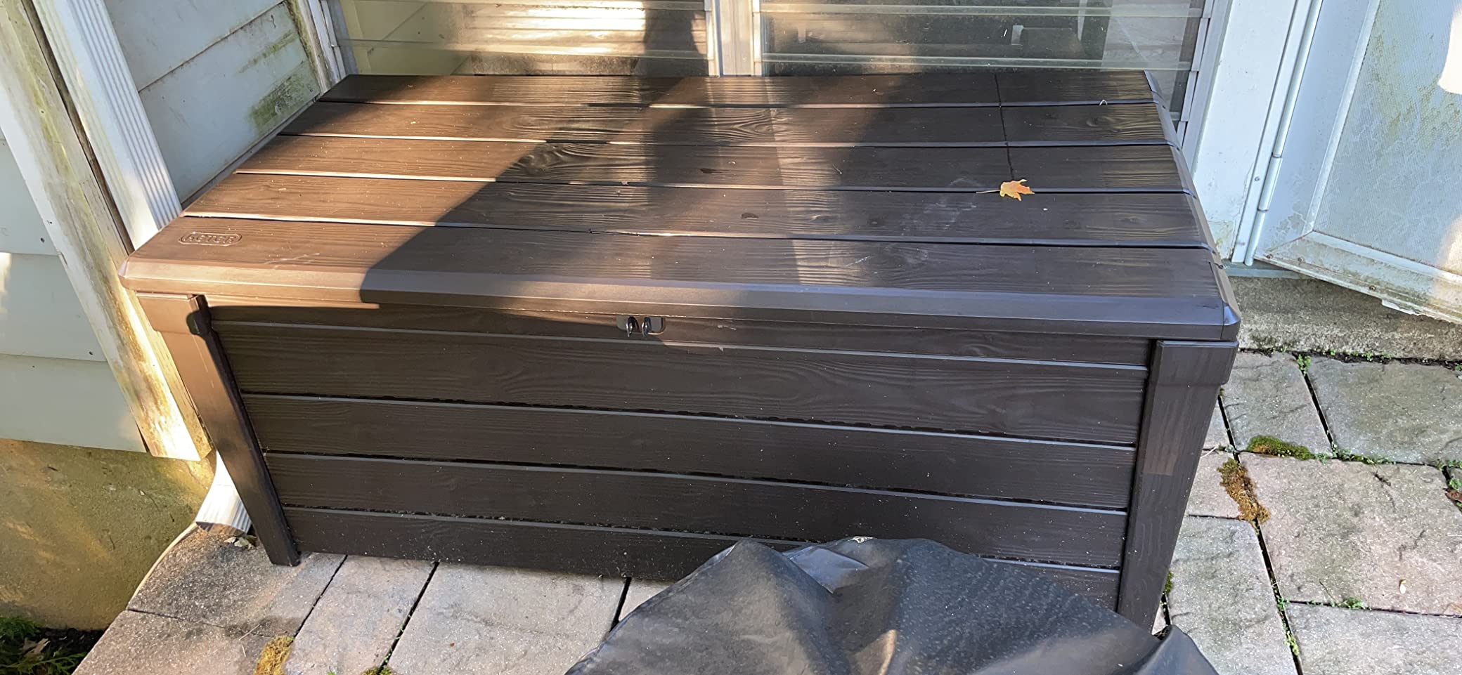 Keter 2 Pack Storage Bench, Weatherproof Resin Outdoor Backyard 120 Gallon Deck Box, Brightwood, Brown customer photo 1