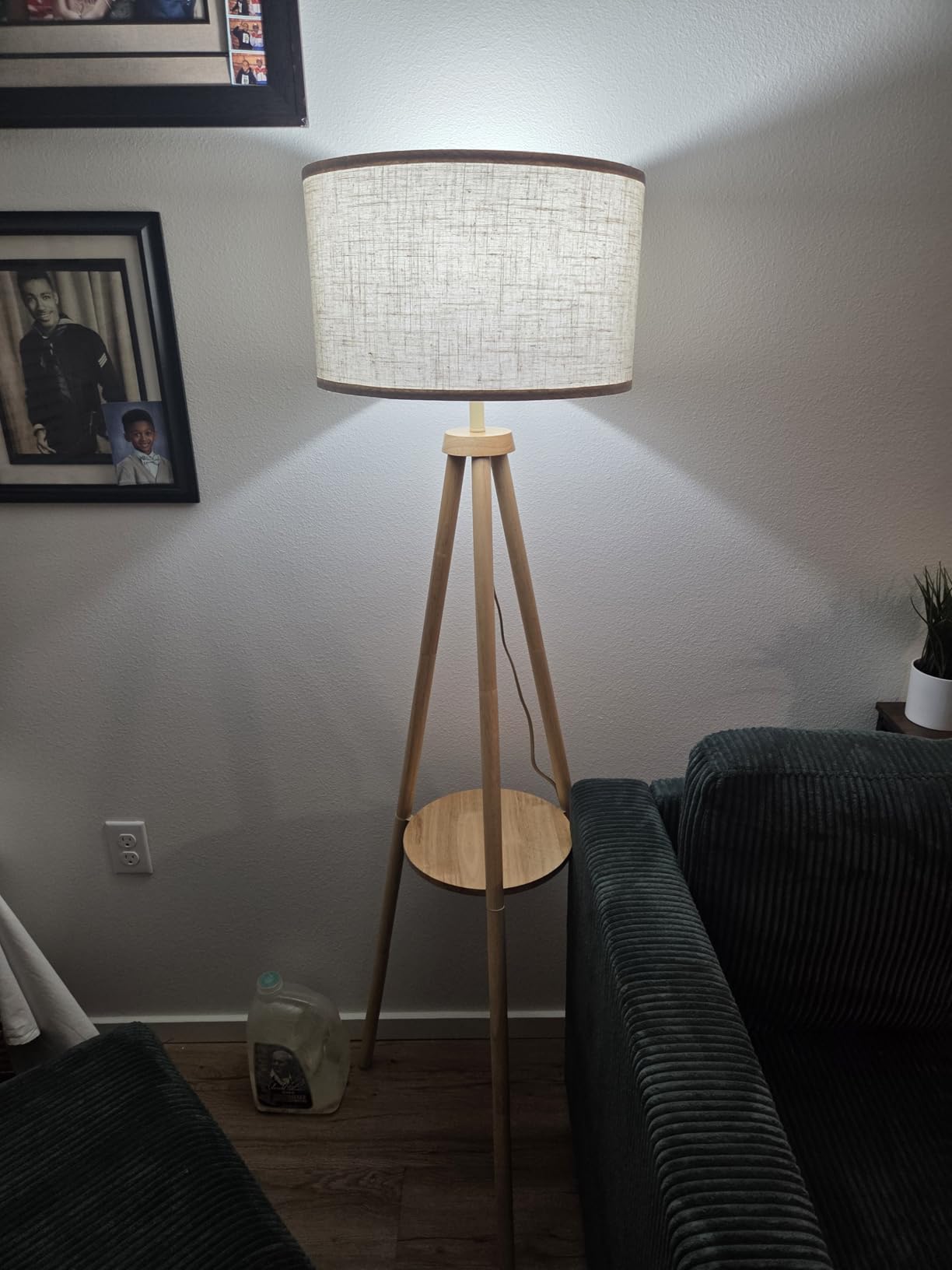 OUTON Wood Tripod Floor Lamp with Shelves, Mid Century Floor Lamp with Remote Control,4 Color Temperature, LED Modern Dimmable Standing Lamp with Beige Linen Shade for Living Room, Bedroom, Office customer photo 2