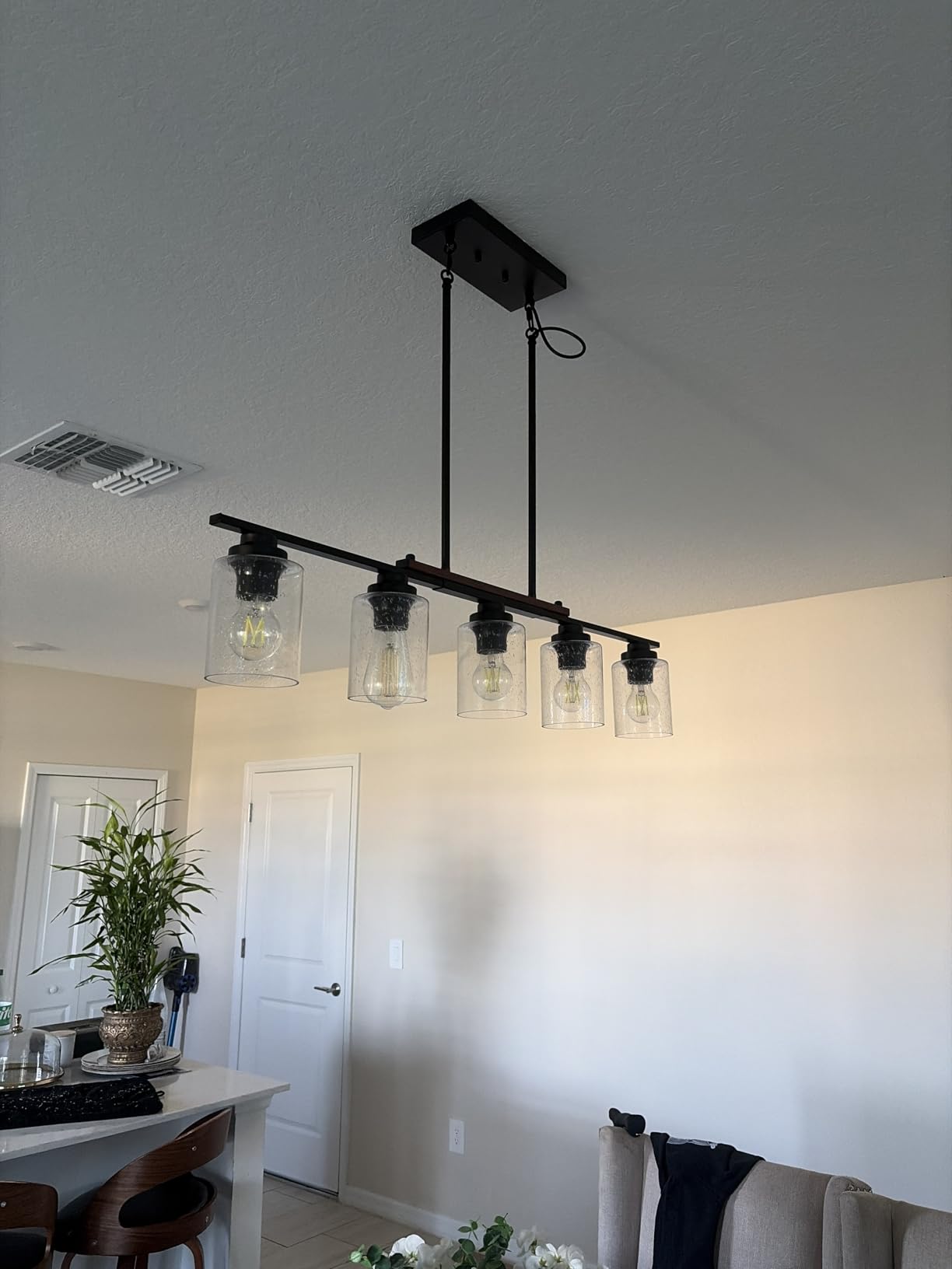Amico 5-Light Dining Room Light Fixture, Seeded Glass Island Chandelier | Farmhouse Adjustable Rods Black Metal & Wood, Kitchen Island Pendant Light, Dining Room, Bubble Glass Shade customer photo 1