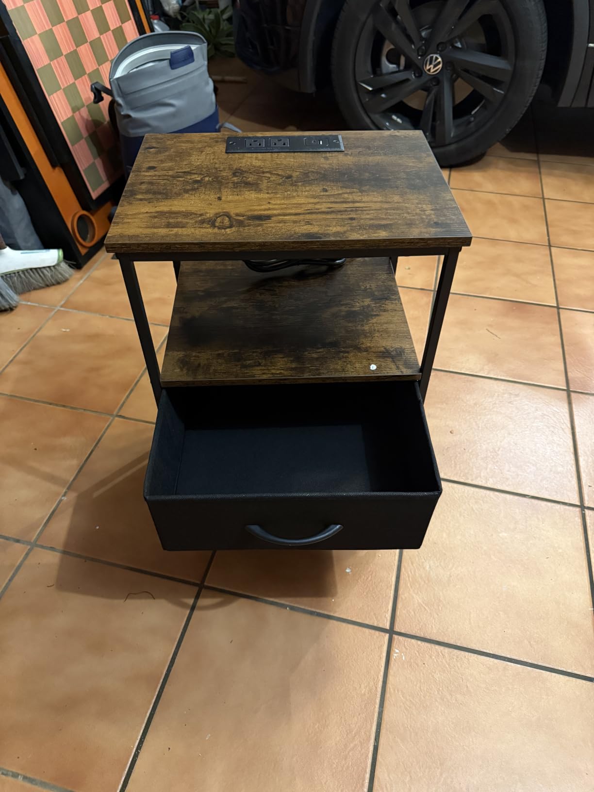 Huuger Nightstand with Charging Station, Side Table with Fabric Drawers | End Table with Open Shelf, Bedside Table with USB Ports and Outlets, Night Stand for Bedroom, Rustic Brown and Black customer photo 1