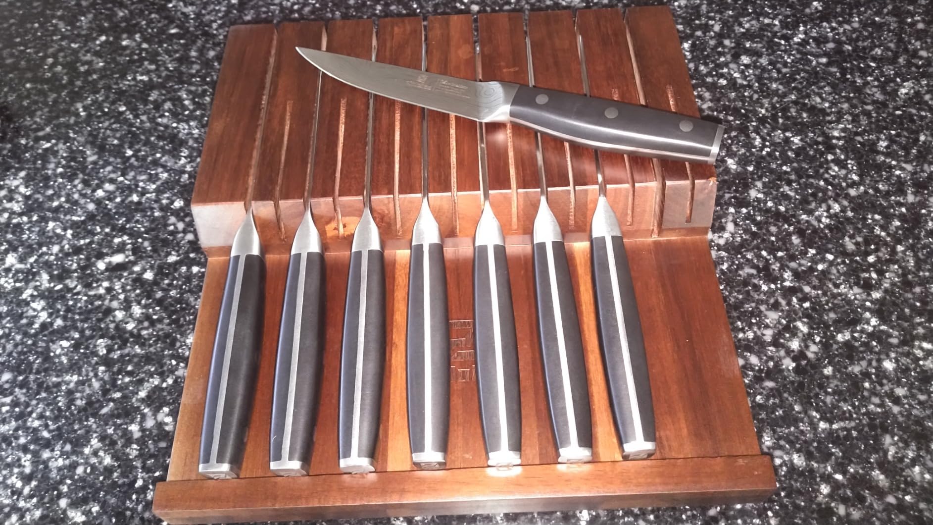 Piklohas Steak Knives Set of 8 with Drawer Organizer Built-in Sharpener, 4.6 Inch Non Serrated, Forged German Steel Damascus Pattern, Full Tang Handle customer photo 2