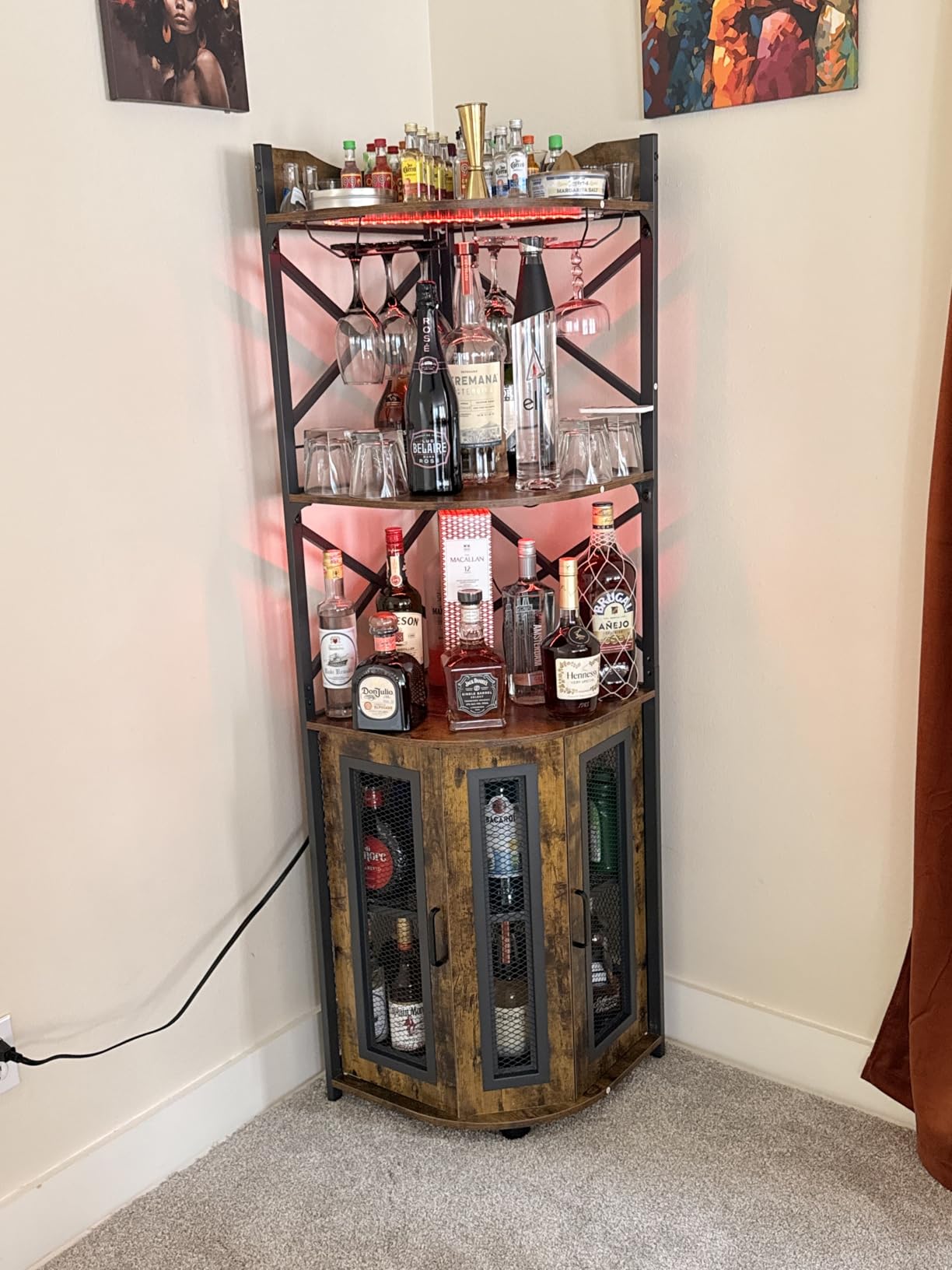 Aheaplus Corner Bar Cabinet with Power Outlet, Industrial Liquor Cabinet, 5-Tiers customer photo 1