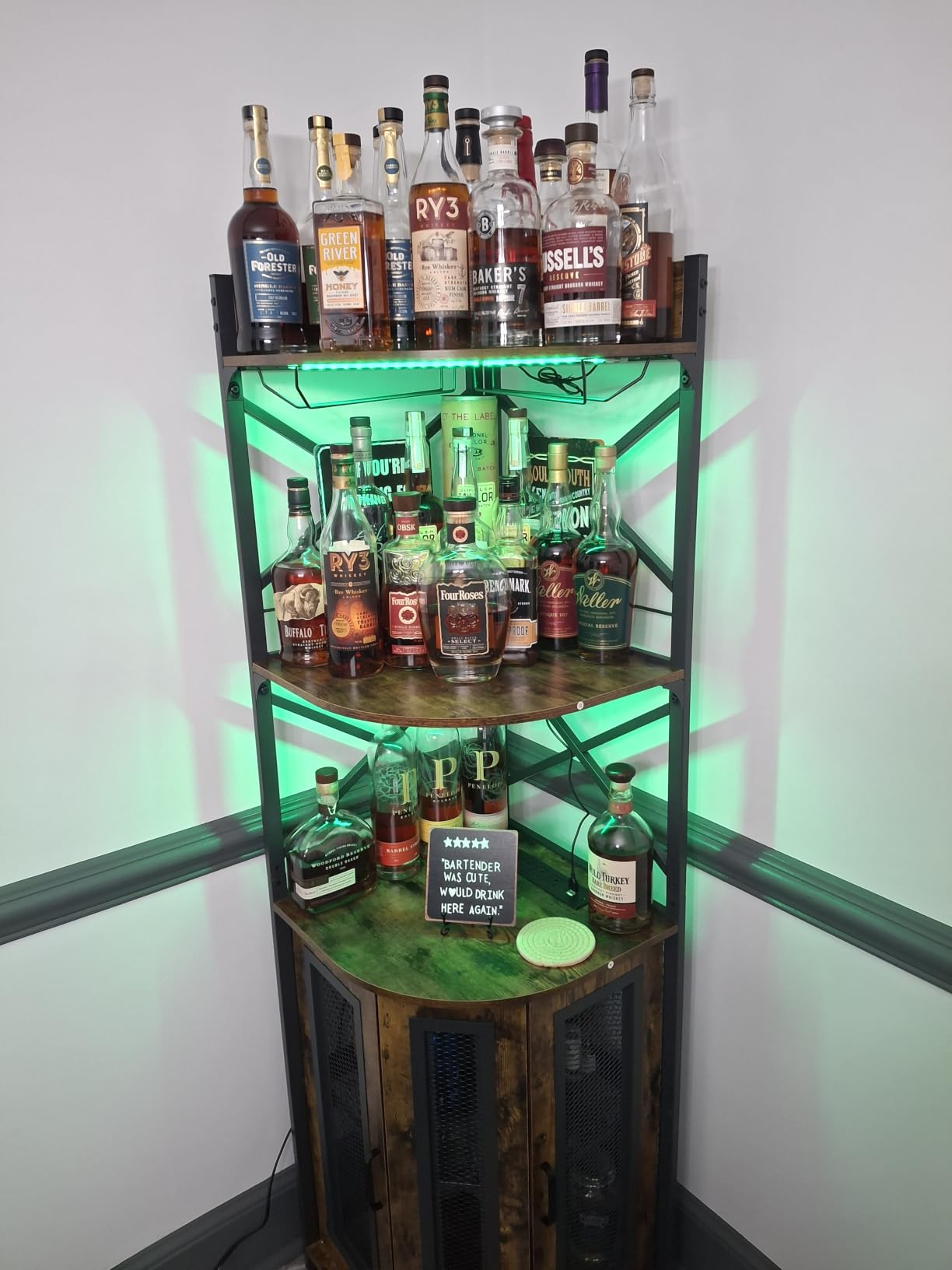 Aheaplus Corner Bar Cabinet with Power Outlet, Industrial Liquor Cabinet, 5-Tiers customer photo 2