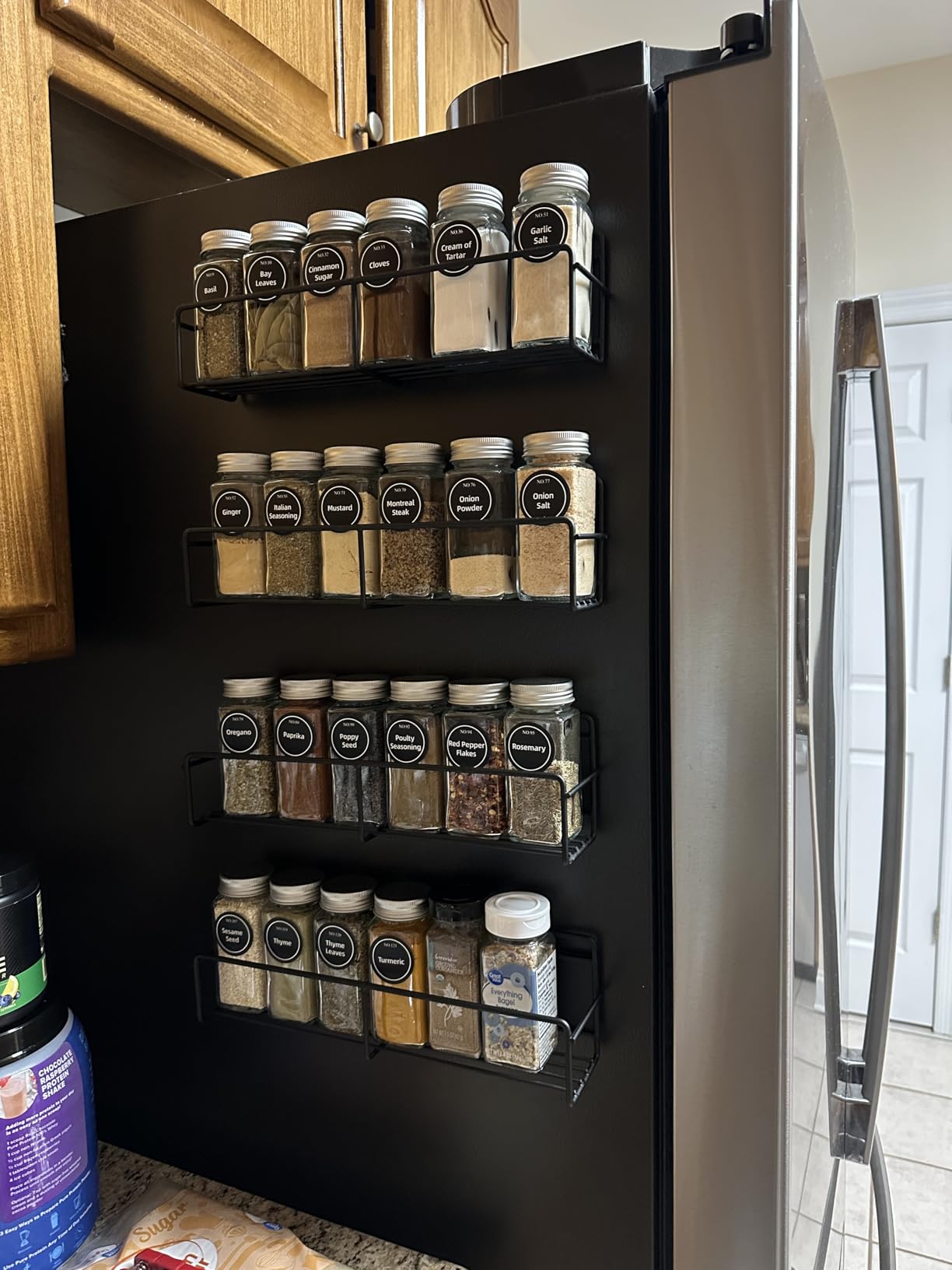 VITEVER Magnetic Spice Rack, 4 Pack, 24 Square Glass Jars with Lids, Quick-Find Pre-Printed Labels, Funnel, Space Saver, Refrigerator and Microwave Oven Organizer customer photo 1