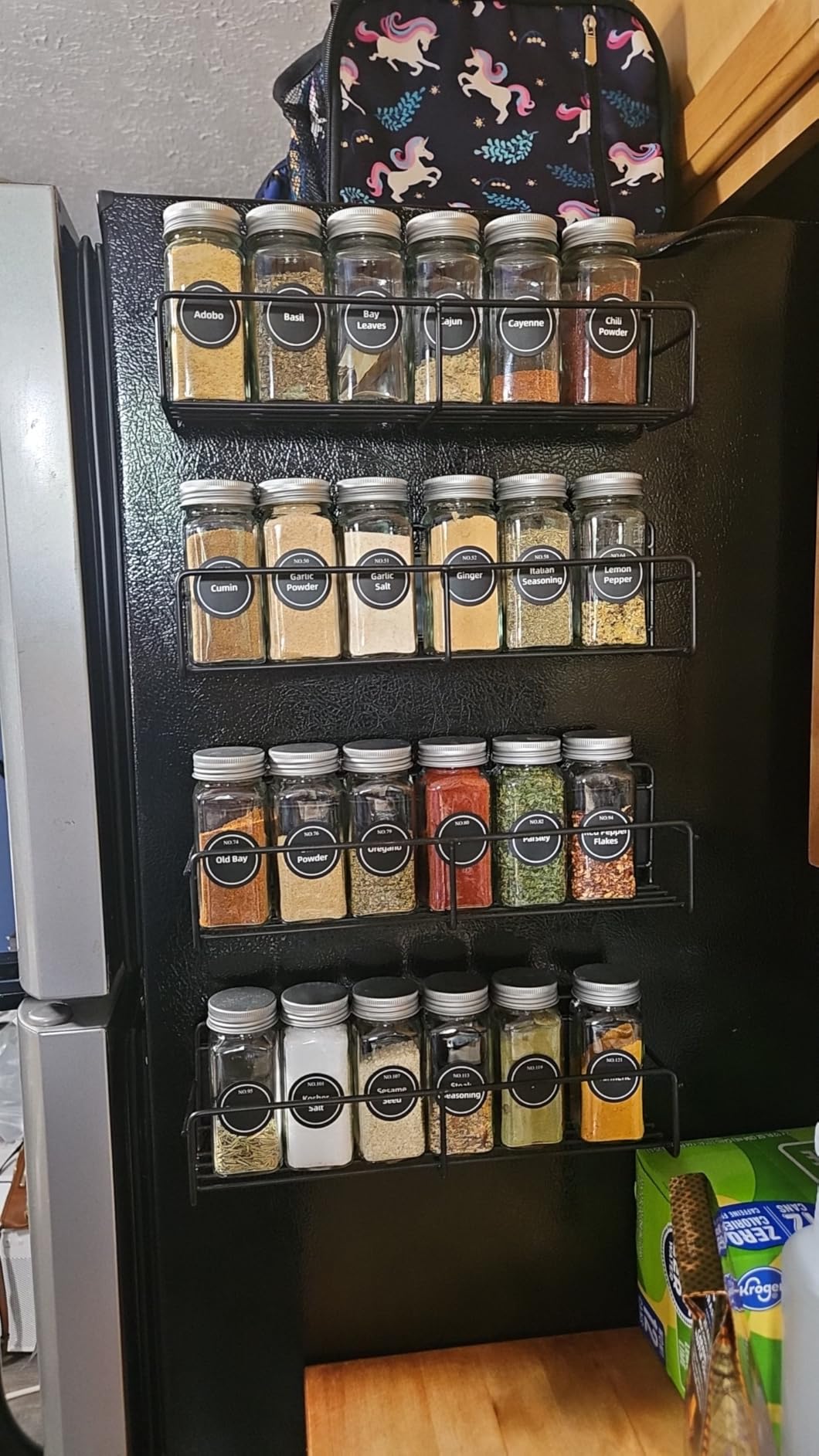 VITEVER Magnetic Spice Rack, 4 Pack, 24 Square Glass Jars with Lids, Quick-Find Pre-Printed Labels, Funnel, Space Saver, Refrigerator and Microwave Oven Organizer customer photo 2