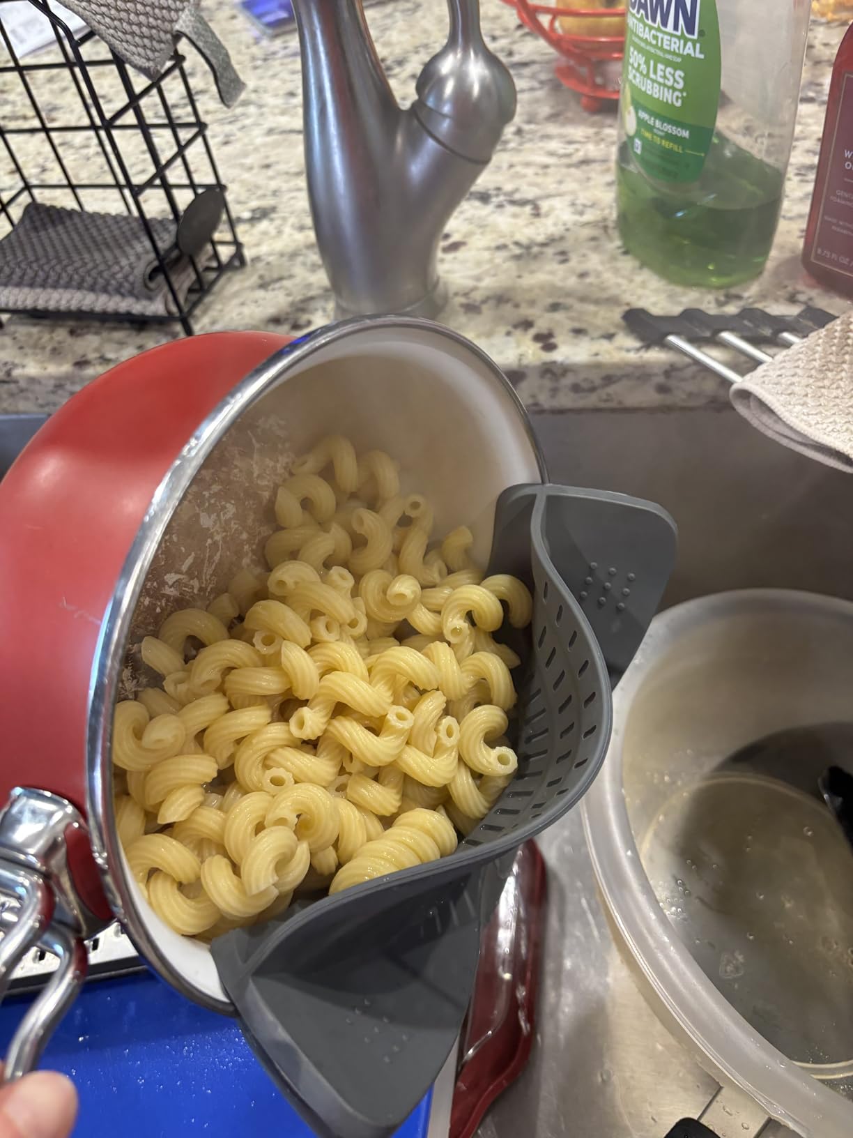 Snap N' Strain - Silicone Clip-On Strainer for Pots, Pans, and Bowls - Heat-Resistant Kitchen Gadgets, Essential Colander Drainer for Vegetables and Pasta - 7.87x2.76x4.53-Inch (Blue) customer photo 2