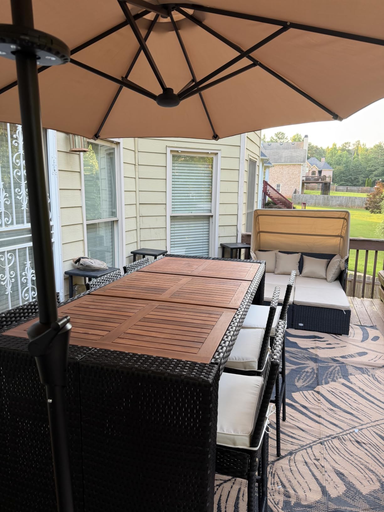 Yaheetech 7 Piece Patio Dining Set Outdoor Acacia Wood Bar Table and Chairs | with Removable Cushions, Wicker Furniture Set for Deck, Backyard, Garden, Black/Beige customer photo 1