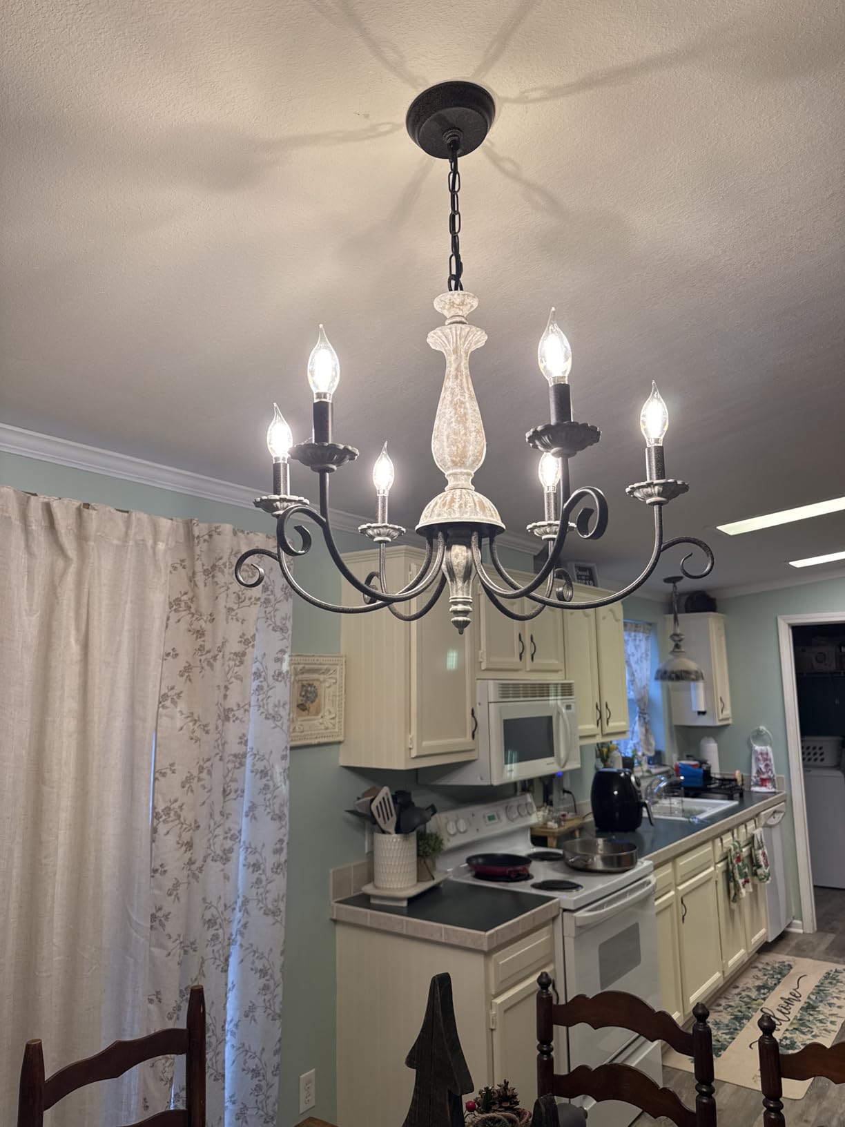 Rustic French Country Chandelier for Dining Room | Mid Century Candle Style Distressed White Wood Metal Chandelier for Kitchen, Living Room, Bedroom, Entryway customer photo 1