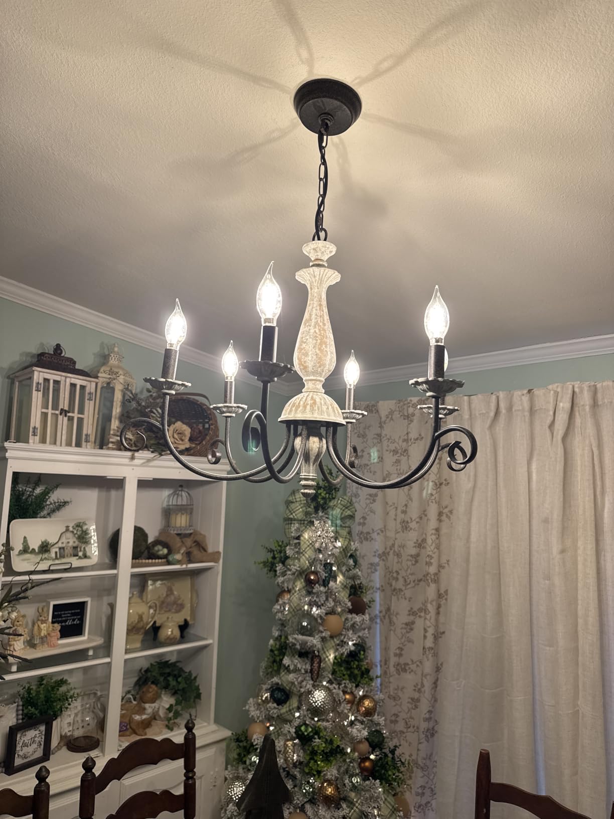 Rustic French Country Chandelier for Dining Room | Mid Century Candle Style Distressed White Wood Metal Chandelier for Kitchen, Living Room, Bedroom, Entryway customer photo 2