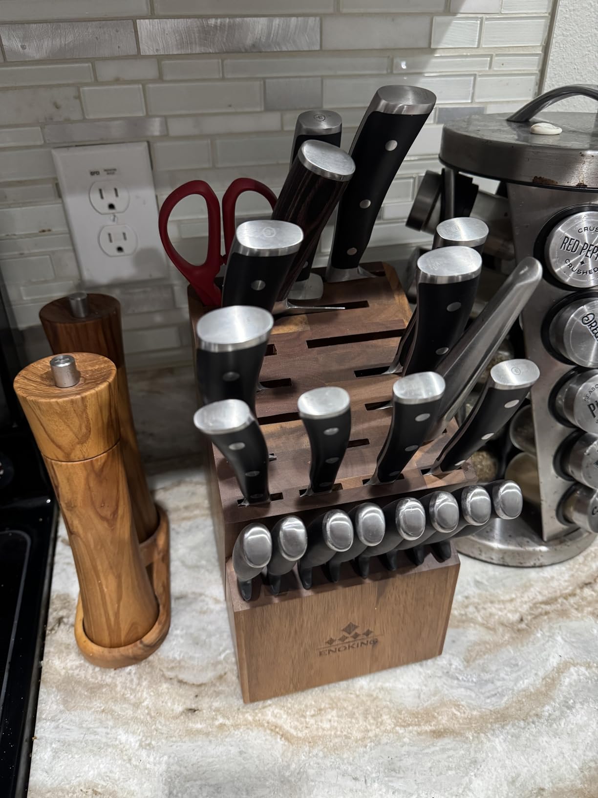 ENOKING Knife Block without Knives, Large Knife Holder- 25 Slots Acacia Wood Universal Knife Block, Butcher Block Countertop for Knife Storage Organizer customer photo 1