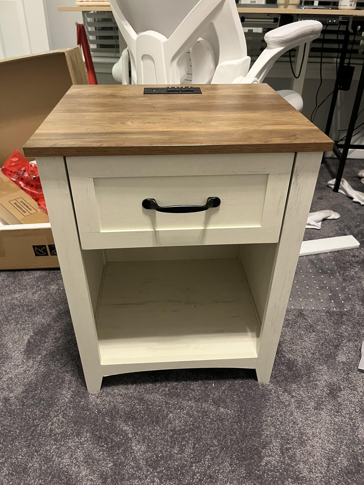 VASAGLE Farmhouse Nightstands with Charging Station, 1 Drawer, Set of 2 | Bedside Table, Side Table with Open Compartment, for Bedroom, Rustic White and Honey Brown, LIRY Collection ULET859K41 customer photo 2