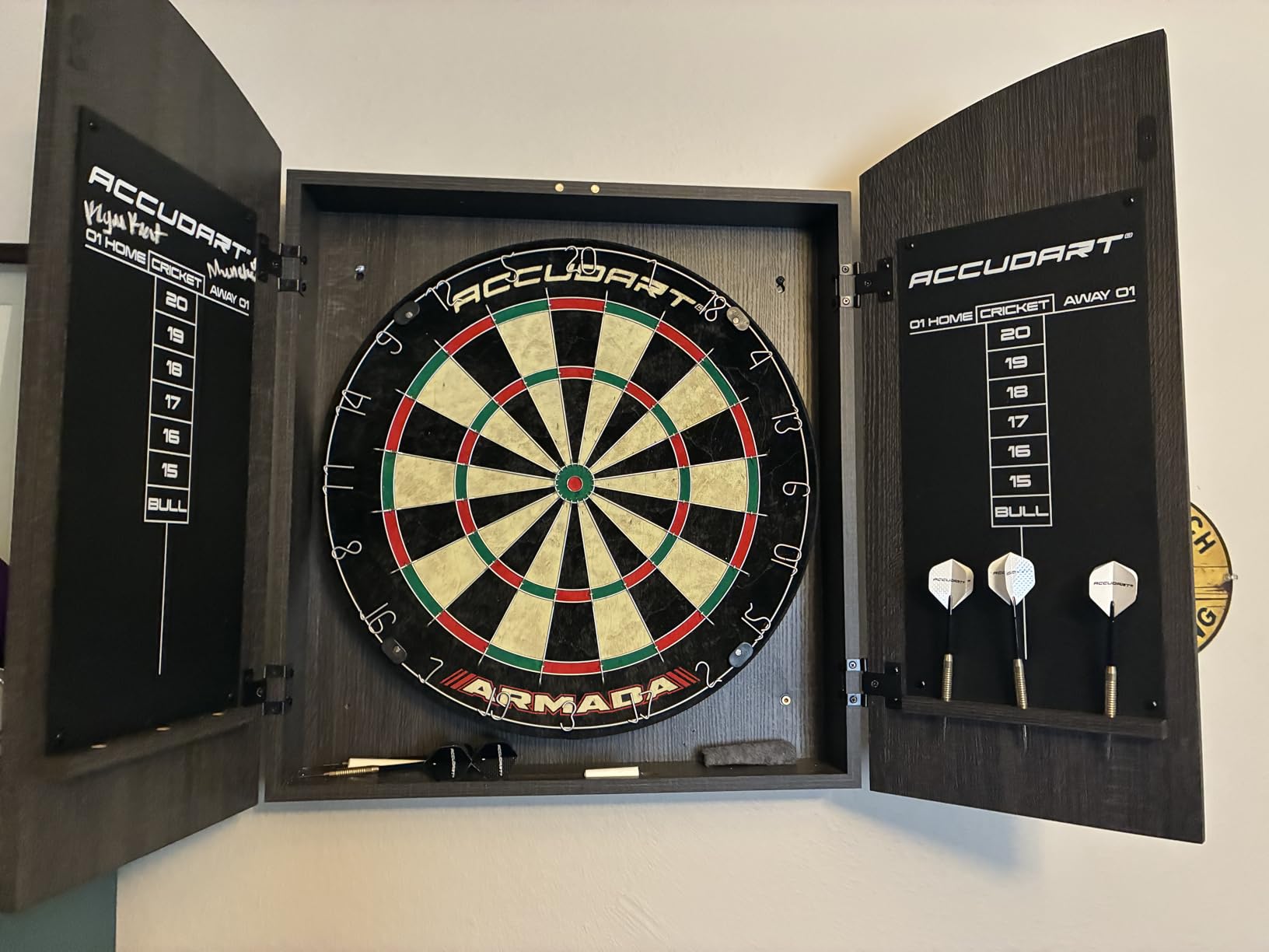 Accudart Armada Bristle Dartboard Cabinet Set, 18-Inch | Self-healing sisal. Round spider wires reduce bounce-outs. Grey wood cabinet with chalkboards. 6 steel-tip darts included. customer photo 2