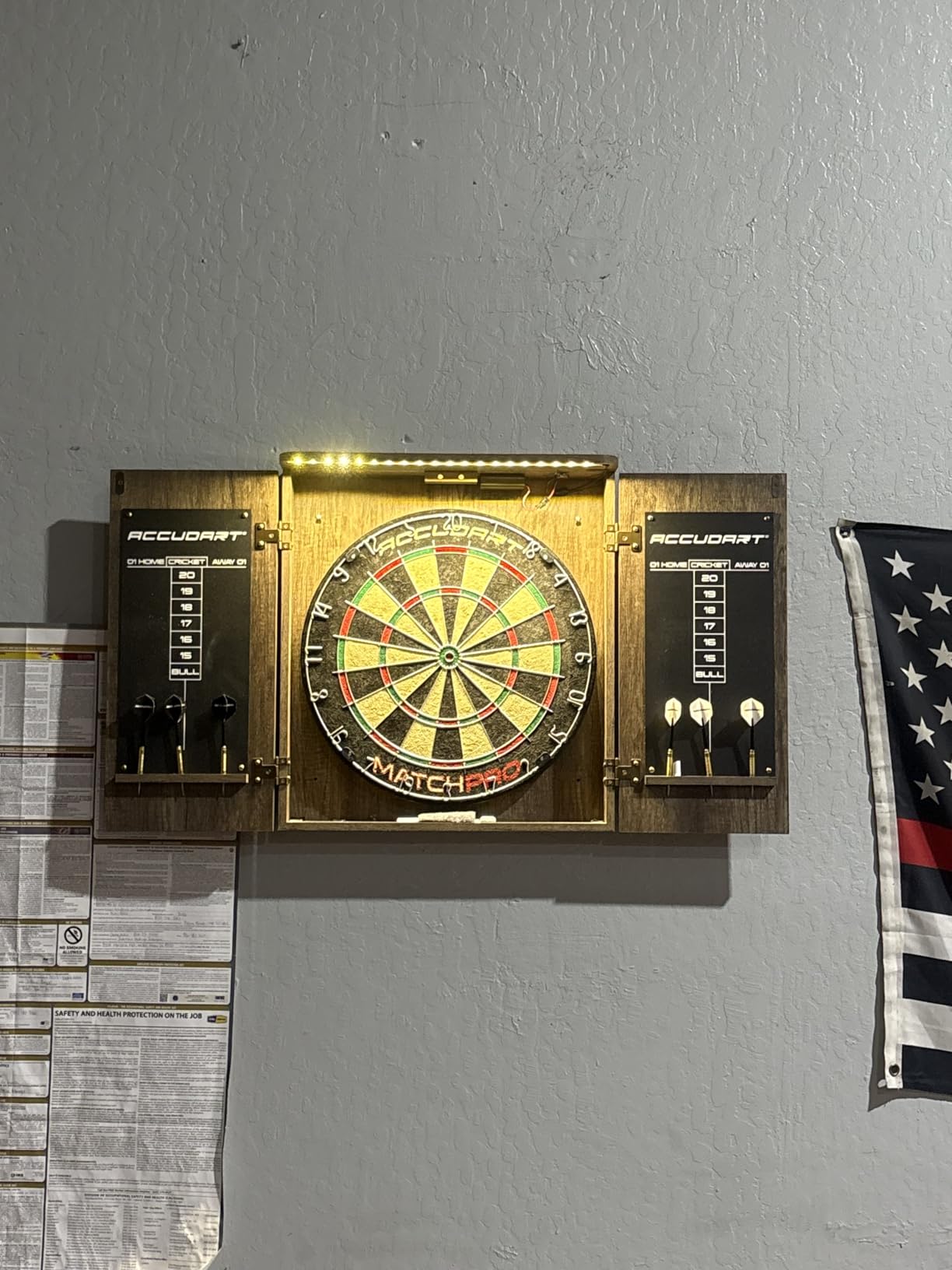 Accudart Match Pro Dartboard Cabinet Set with Auto LED | 18-inch sisal board. Auto LED lights on door open. Woodgrain cabinet with dart holders. Chalkboards. 6 darts included. customer photo 1