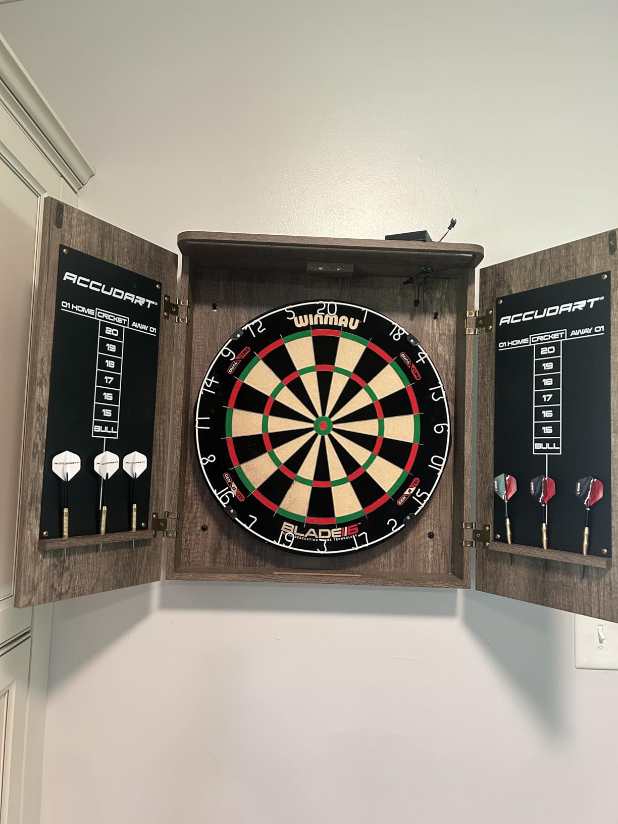 Accudart Match Pro Dartboard Cabinet Set with Auto LED | 18-inch sisal board. Auto LED lights on door open. Woodgrain cabinet with dart holders. Chalkboards. 6 darts included. customer photo 2
