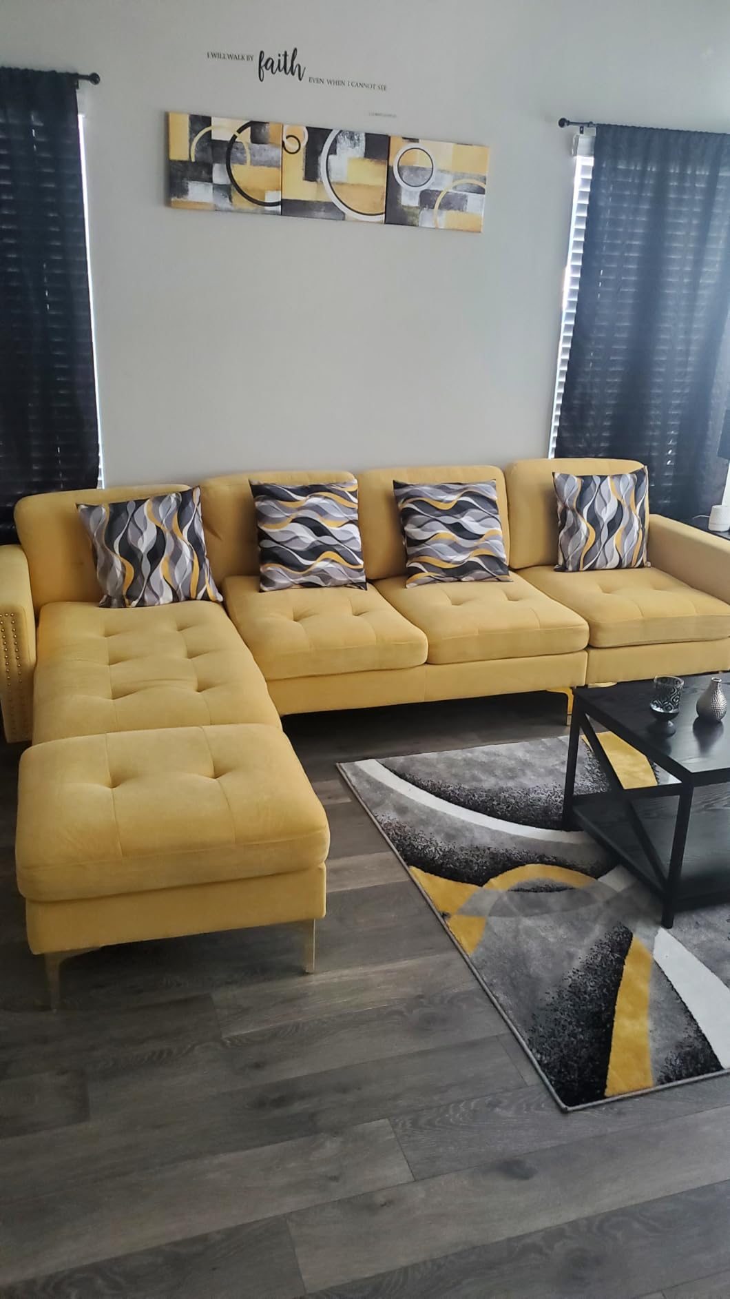P PURLOVE Velvet Modern Large Sectional Sofa, U Shape Upholstered Couch with Chaise, Convertible Sofa Couch with Movable Ottoman for Living Room Apartment (Yellow) customer photo 1