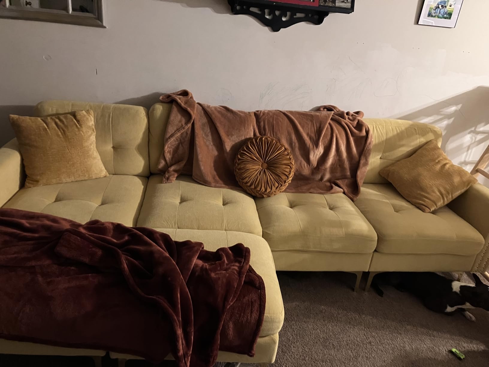 P PURLOVE Velvet Modern Large Sectional Sofa, U Shape Upholstered Couch with Chaise, Convertible Sofa Couch with Movable Ottoman for Living Room Apartment (Yellow) customer photo 2