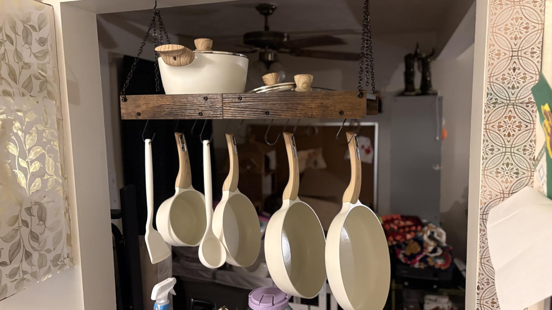 CHOEZON Hanging Pot Rack, Vintage Pot Hangers for Kitchen, Ceiling Mounted Pot Rack with 12 S-Shaped Hooks, Rustic Brown and Black customer photo 2