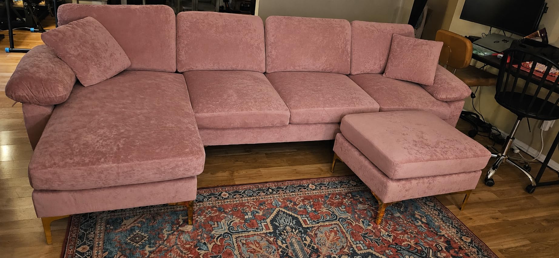 OUYESSIR U-Shaped Sectional Sofa Couch, 4 Seat Sofa Set, Convertible L-Shaped Velvet Couch Set with Chaise Lounge, Ottoman and Pillows, 114 inches, Emerald Green customer photo 2