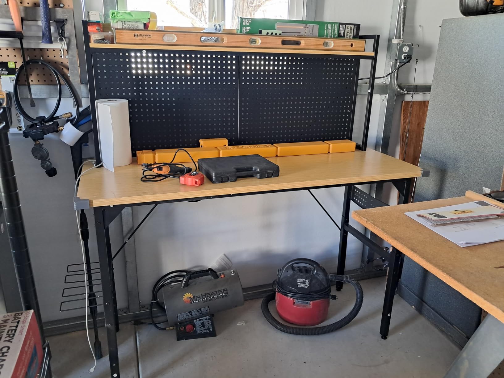 DWVO 60in Heavy Duty Workbench with Pegboard & Wheels Adjustable Work Table | Wood Top, Rolling Work Table, AC/USB Outlet, Hooks, Rack, for Garage Workshop Office Home, 1600Lb Load Capacity customer photo 2