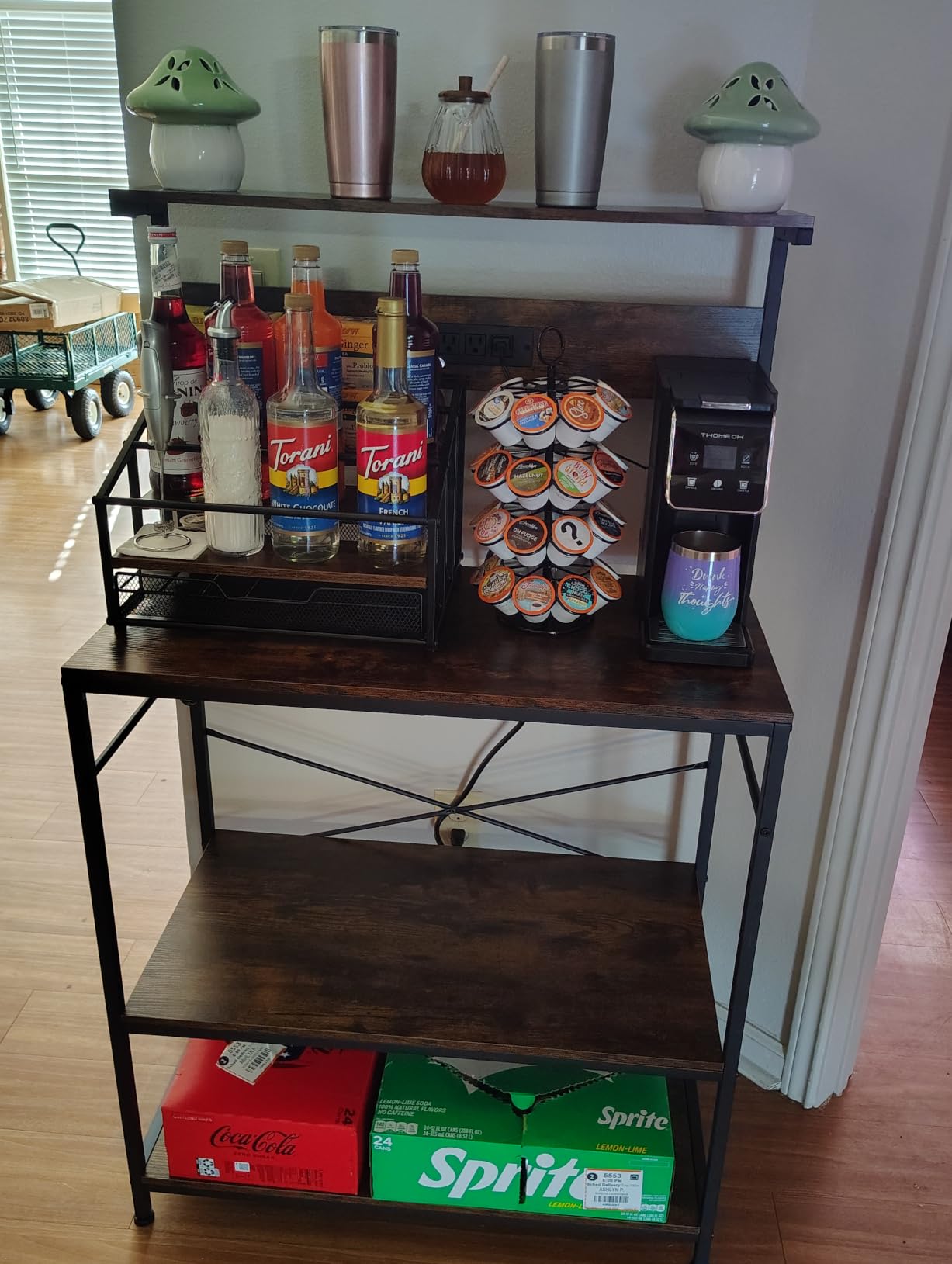 SUPERJARE Bakers Rack with Power Outlets, Microwave Stand, 31.5 X 16.5 Inch Larger Desktop, Kitchen Storage Rack with Adjustable Middle Shelf, 6 S-Shaped Hooks, Coffee Bar Stand, Rustic Brown customer photo 2