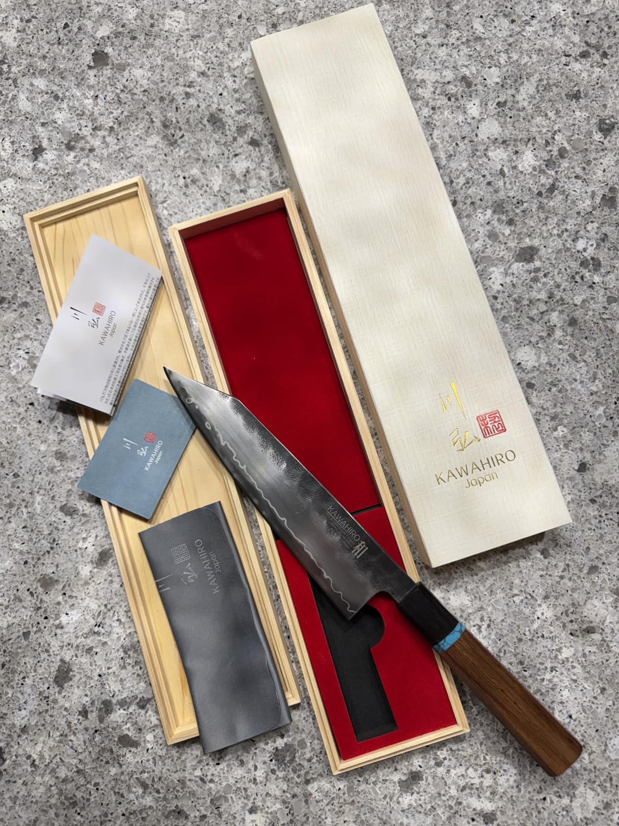 KAWAHIRO 8.27 Inch Japanese Chef Knife, Hand-Forged VG10 for Precise Cuts | Hand-sharpened edge, distal taper, balanced octagonal wood handle, black-forged finish, red velvet-lined wooden gift box customer photo 1