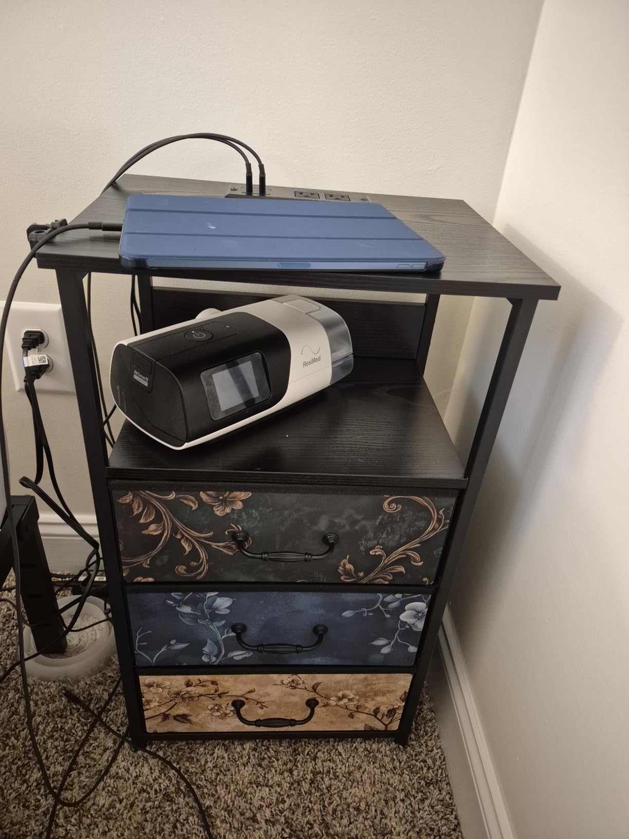 Fixwal Night Stand with Charging Station, Black Led Nightstand, 2 Drawers | fabric drawer, built-in bedside charger, 2 AC outlets & 2 USB ports, open top shelf, small bedroom furniture, end table customer photo 1