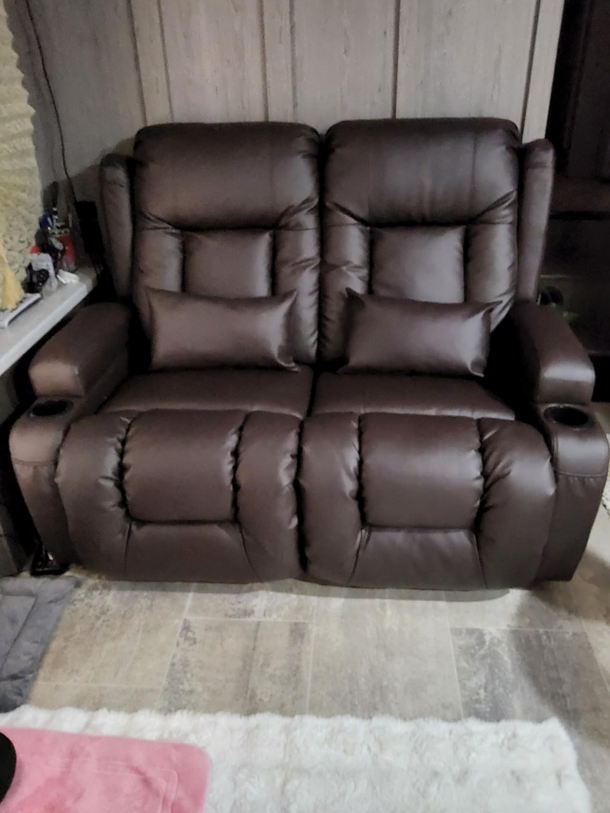 URRED Power Loveseat Recliner Sofa with Massage and Heat, Black | Wall Hugger Reclining Loveseat with Console, RV Couch Home Theater Seating with LED Lights for Living Room, Faux Leather customer photo 2
