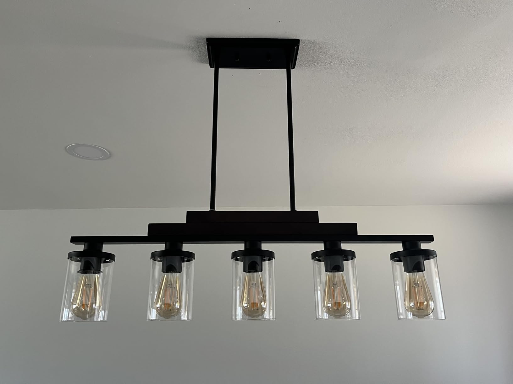 Wood Kitchen Island Lighting,4-Light Farmhouse Dining Room Light Fixture Matte Black Modern Chandeliers for Dining Room Over Table Hanging Pendant Light with Glass Shade for Bar Restaurant customer photo 1