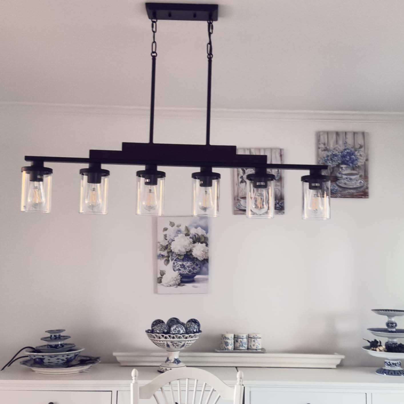 Wood Kitchen Island Lighting,4-Light Farmhouse Dining Room Light Fixture Matte Black Modern Chandeliers for Dining Room Over Table Hanging Pendant Light with Glass Shade for Bar Restaurant customer photo 2