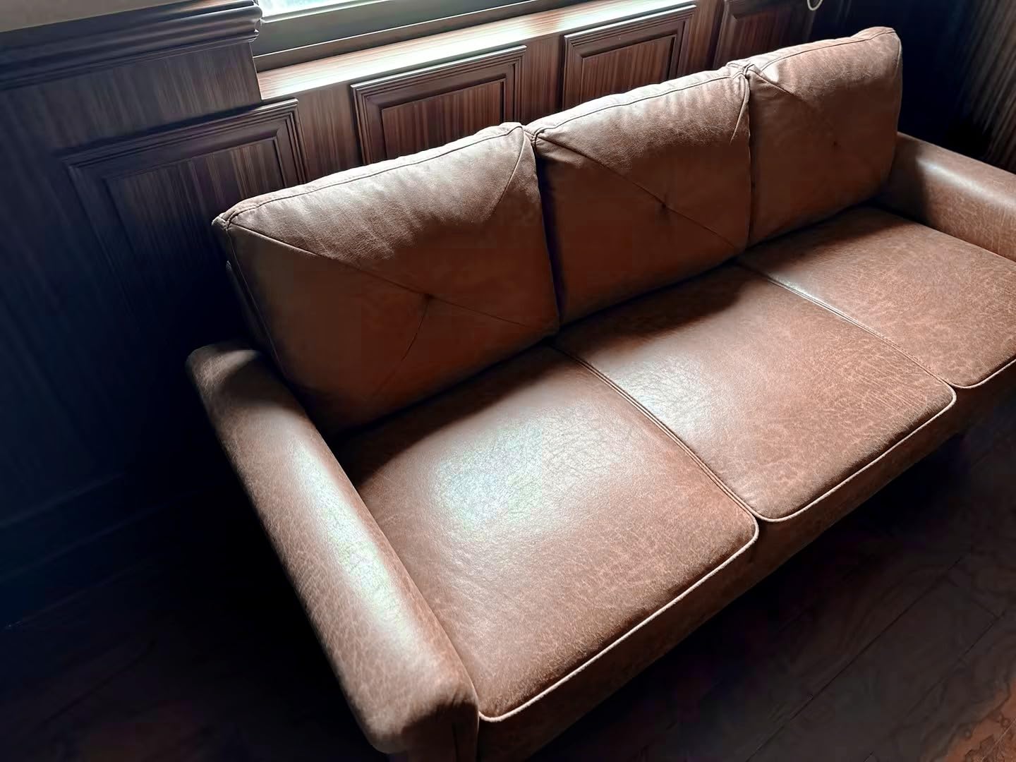 72'' 3-Seater Deep Seat Sofa Couch, Mid-Century Modern Couches, Brown Faux Leather Small Couch for Apartment, Living Room, Bedroom (Light Brown) customer photo 1