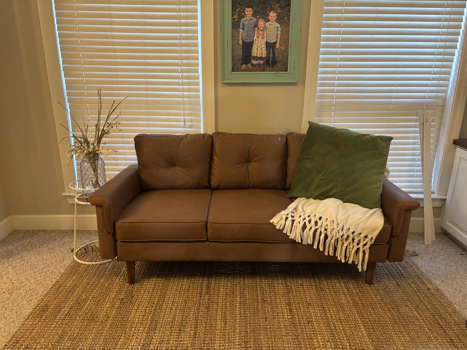 72'' 3-Seater Deep Seat Sofa Couch, Mid-Century Modern Couches, Brown Faux Leather Small Couch for Apartment, Living Room, Bedroom (Light Brown) customer photo 2