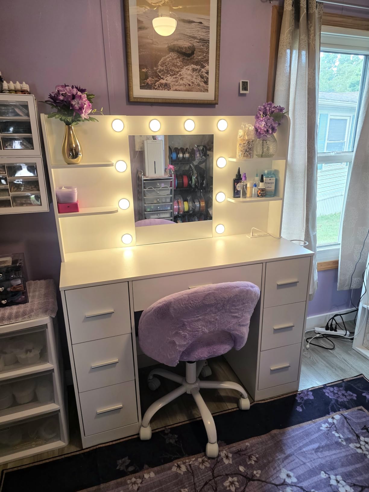 Furmax Vanity Desk with LED Mirror, Power Outlet, 7 Drawers Makeup Table | LED Lighted Mirror & Built-in Outlet, 7 Drawers and 6 Shelves, Organized Makeup Storage for Bedroom, White customer photo 2