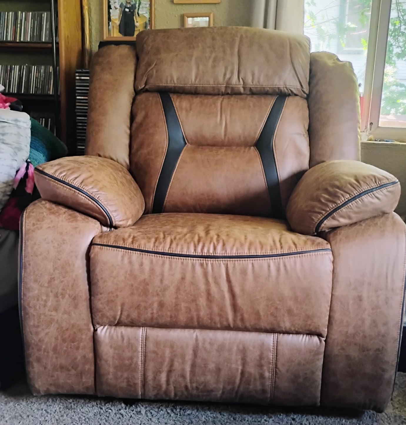 EBELLO Faux Leather Manual Loveseat Recliner, 2 Seat Reclining Sofa Chair with Center Console, Hidden Storage and Cup Holders, Daul Recliner for Living Room, Meeting Room, Brown (Loveseat) customer photo 1