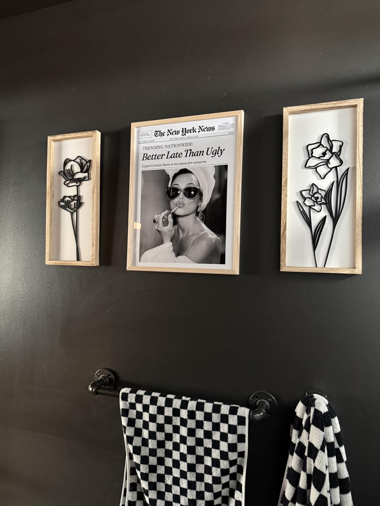 iHery 12x16in Audrey Hepburn Better Late Than Ugly Framed Bathroom Art | Natural OAK Wood Frame with Canvas Print, Vintage Fashion Wall Decor for Bathroom, Bedroom, Apartment and Girl Dorm, 1Pack customer photo 1
