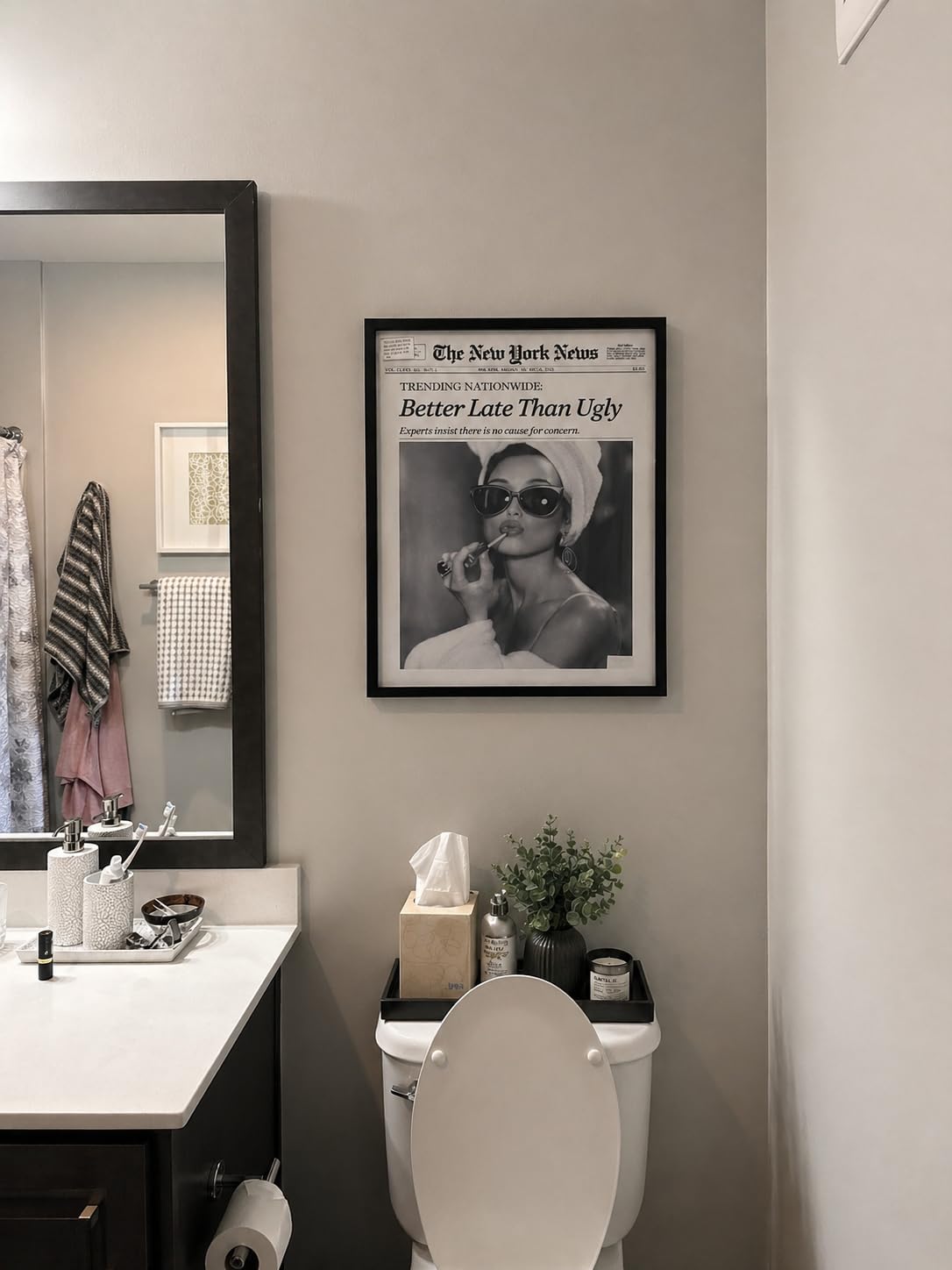 iHery 12x16in Audrey Hepburn Better Late Than Ugly Framed Bathroom Art | Natural OAK Wood Frame with Canvas Print, Vintage Fashion Wall Decor for Bathroom, Bedroom, Apartment and Girl Dorm, 1Pack customer photo 2