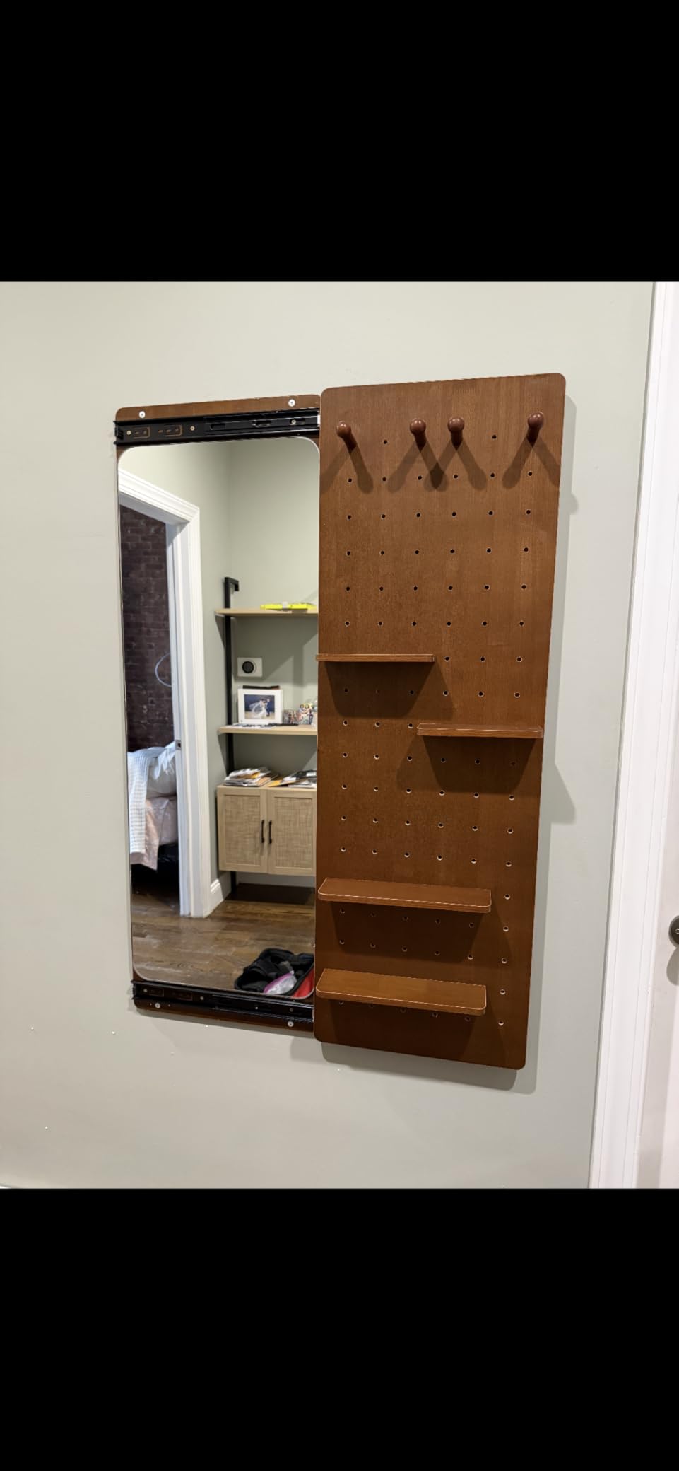 KungFuWood Full Length Mirror with Shelf and Hooks, Entry Way Mirrors for Wall, Wall Mirror with Shelf, Wall Mirror with Storage Multifunctional Design Panel, Living Room (Walnut, 52.4