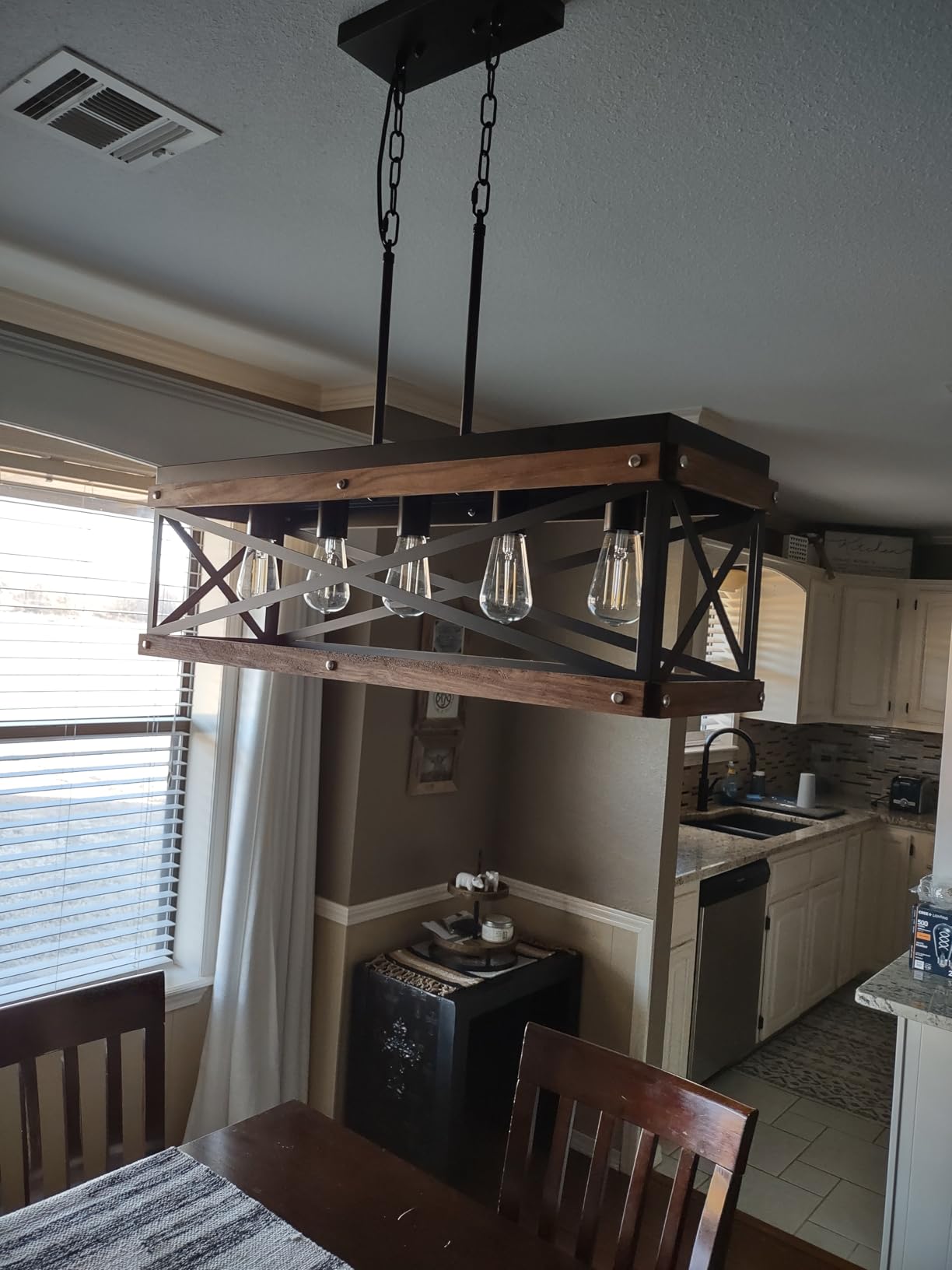 Rustic Farmhouse Wood Kitchen Island Lighting, 5 Lights Rectangular Pendant Light Fixture, Adjustable Chain Oak Wood and Metal Linear Chandelier for Dining Room Kitchen Island Farmhouse, Black customer photo 2