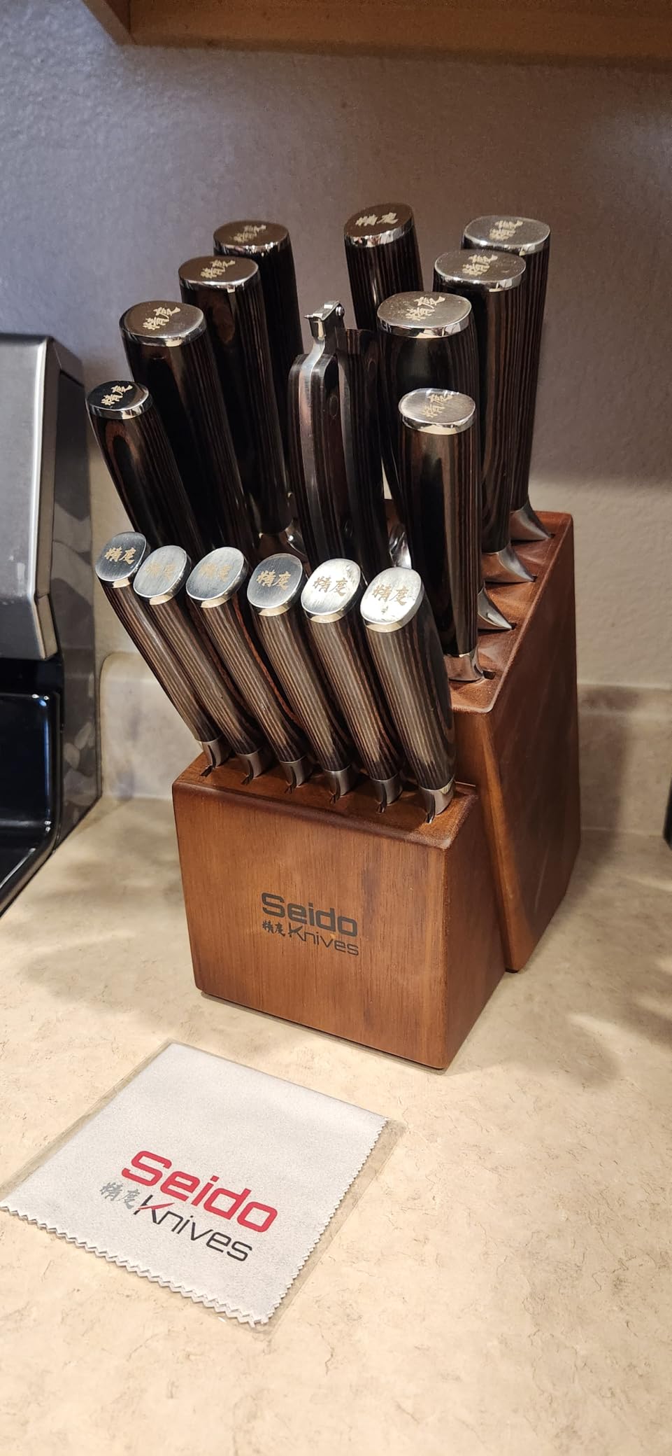 Seido Master 17-Piece Damascus Knife Block Set, Acacia Wood Block | Damascus steel kitchen knives with matching storage block for complete home chef prep customer photo 2
