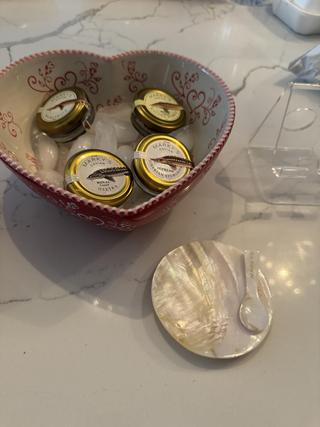 MARKY'S Curated Caviar Tasting Gift Set - 0.5 oz (Pack of 4) x Kaluga Royal Amber, Royal Amber Osetra, Hackleback, Siberian Sturgeon - Caviar Blini, Creme Fraiche, Serving Set, Spoon, Plate & Tin Opener - Cooler Gift Bag customer photo 2